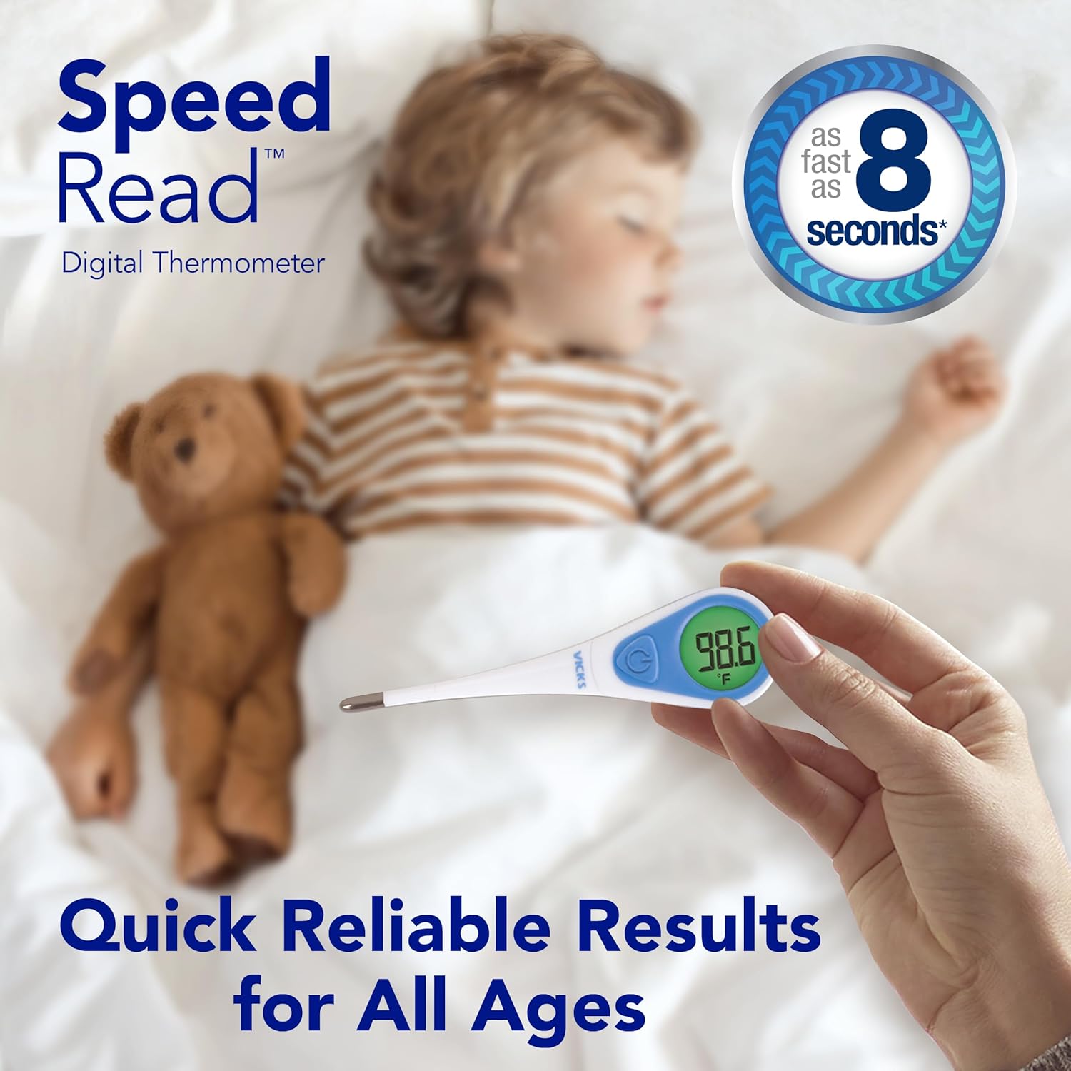 Highlights the thermometer's ability to provide quick temperature readings in just 8 seconds, emphasizing its speed and efficiency for parents.