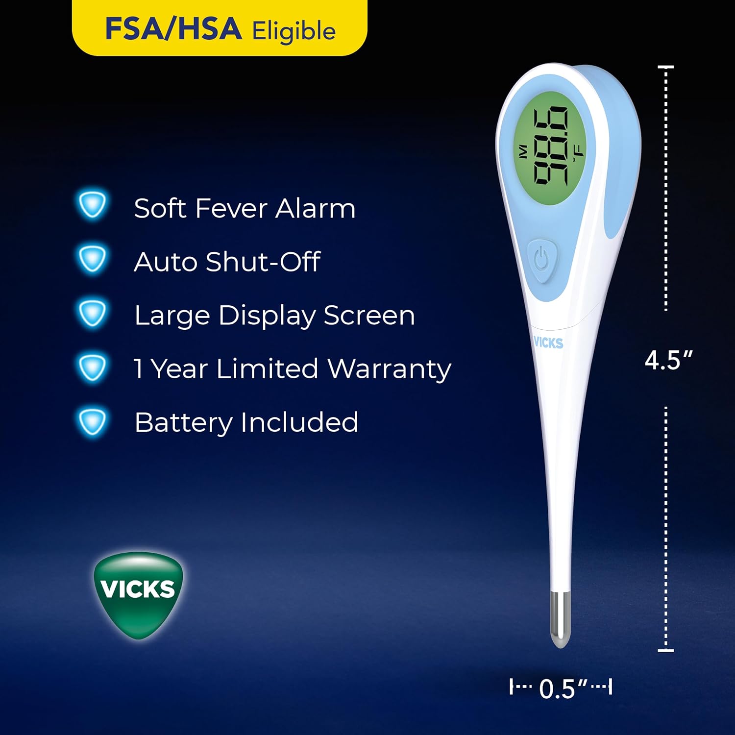 Highlights multiple key features of the Vicks thermometer to demonstrate its value and ease of use for customers. Provides the exact length of the thermometer to give customers a clear understanding…
