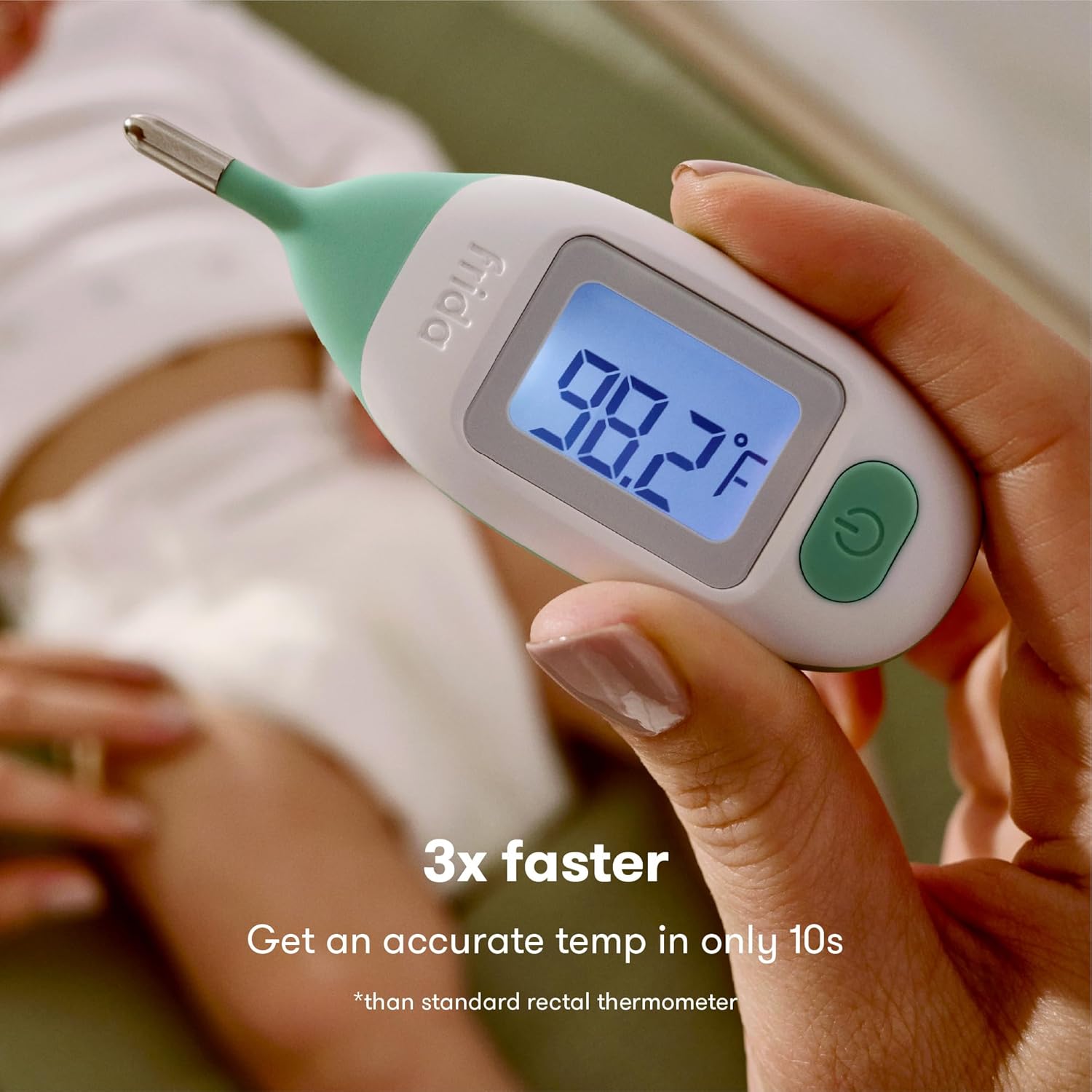 Highlights the thermometer's ability to provide an accurate temperature reading 3 times faster than standard rectal thermometers, emphasizing its speed and convenience for parents.