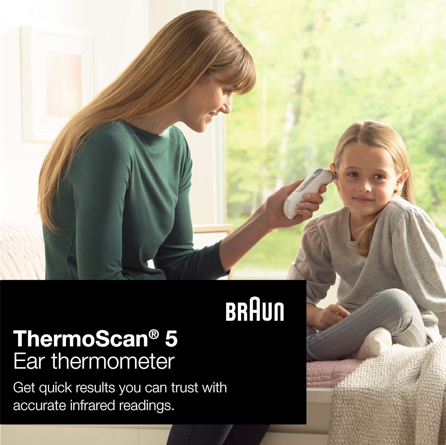 Shows the product being used in a real-life family setting to demonstrate its ease of use and suitability for children. Highlights the thermometer's ability to provide fast and reliable temperature…