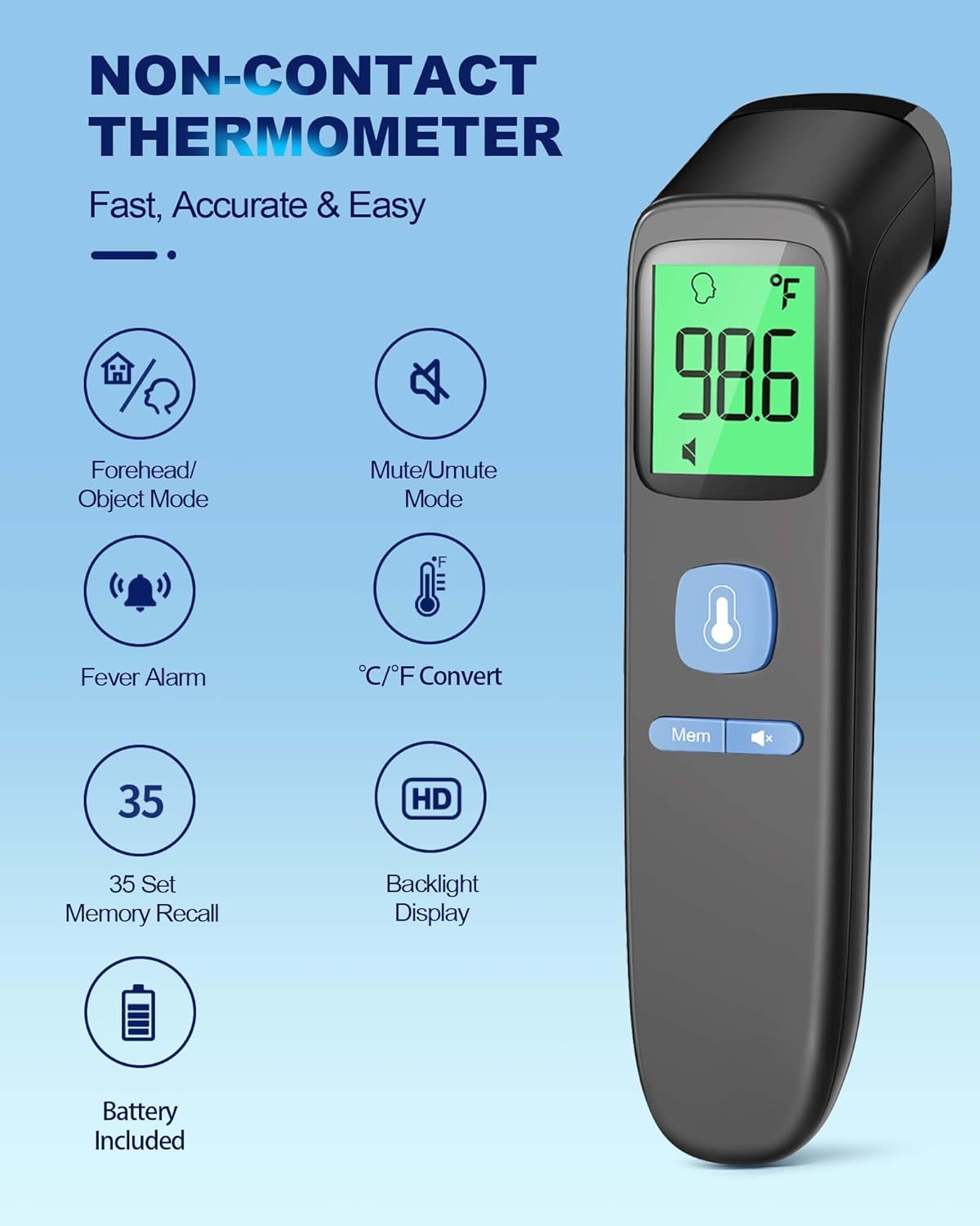 Highlights the key features and benefits of the non-contact thermometer, emphasizing its ease of use and versatility.