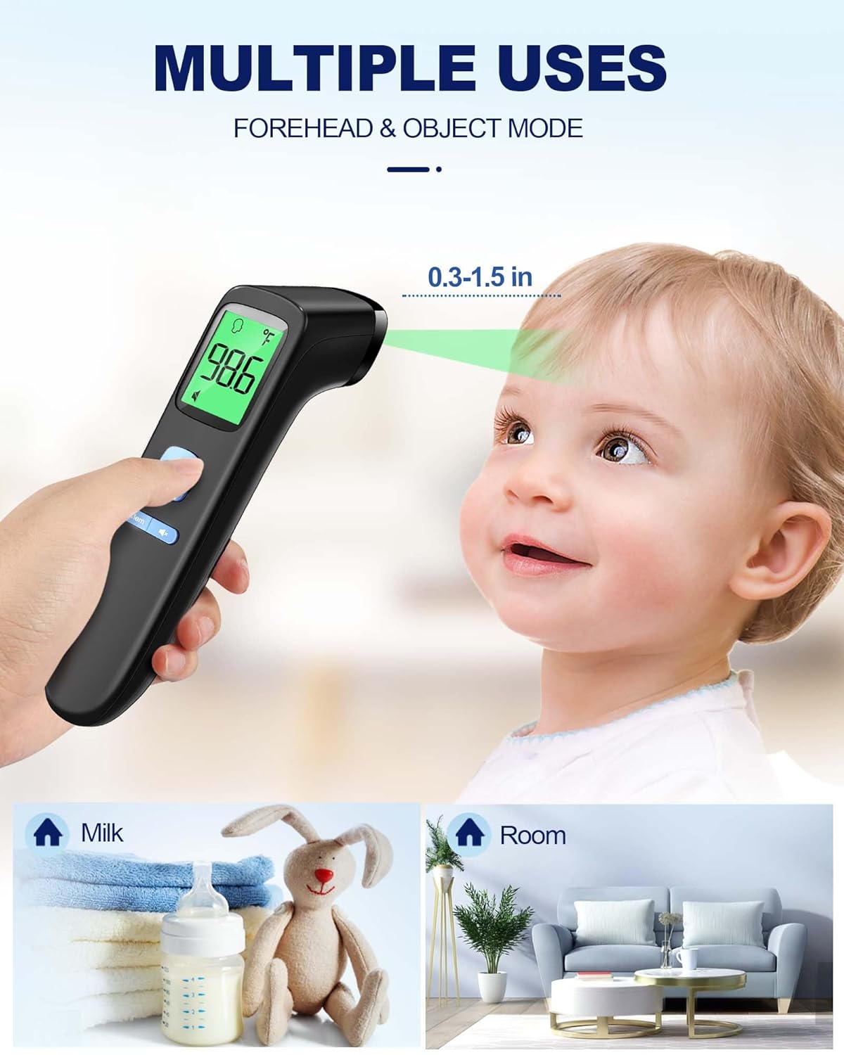 Demonstrates the versatility of the thermometer for measuring temperature of foreheads, objects, and rooms.