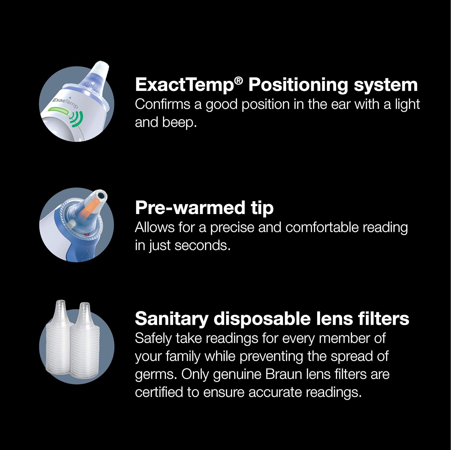 Highlights three key features of the thermometer to demonstrate its ease of use, accuracy, and hygiene benefits for families.