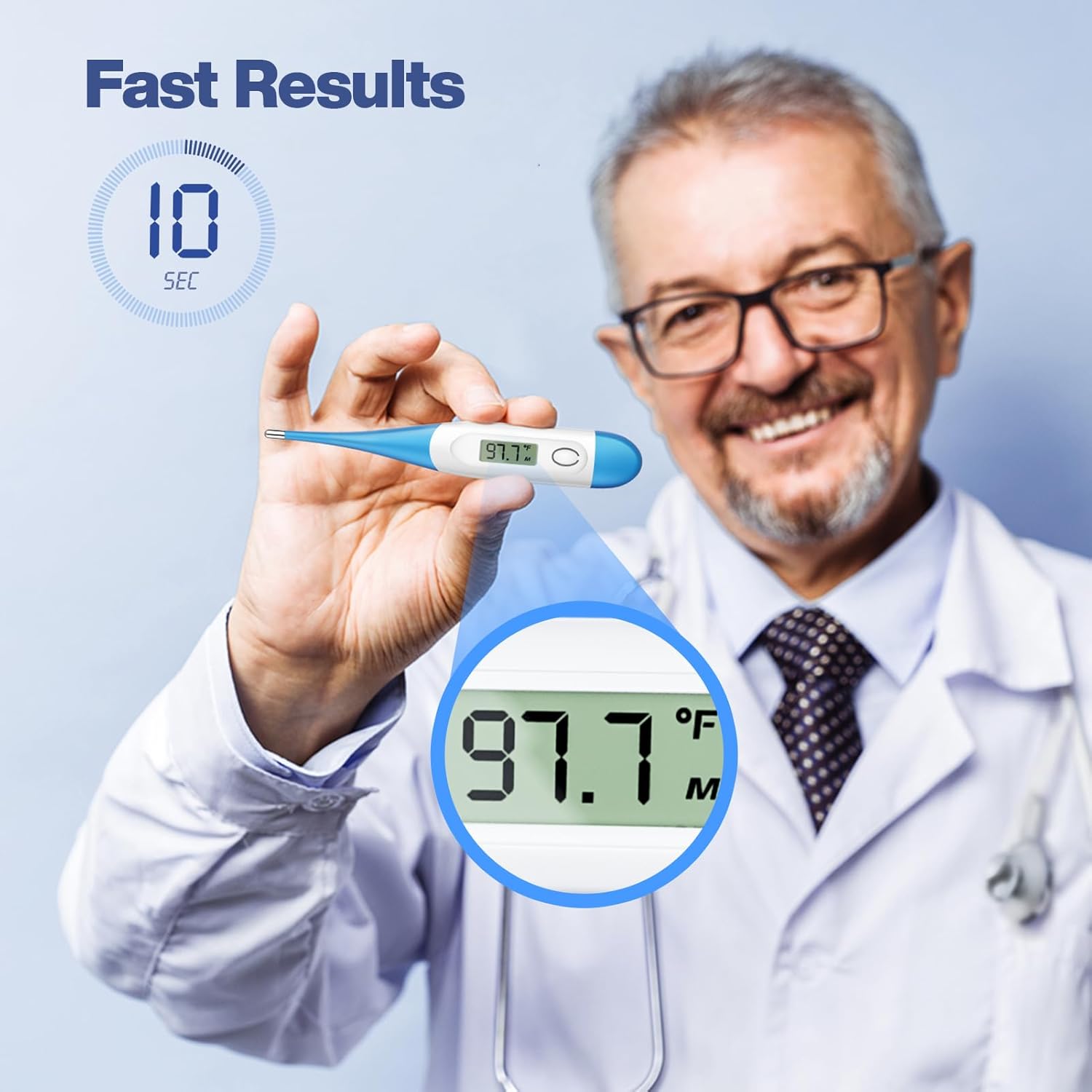 Highlights the quick reading time of 10 seconds for the thermometer, emphasizing its speed and efficiency to potential buyers.