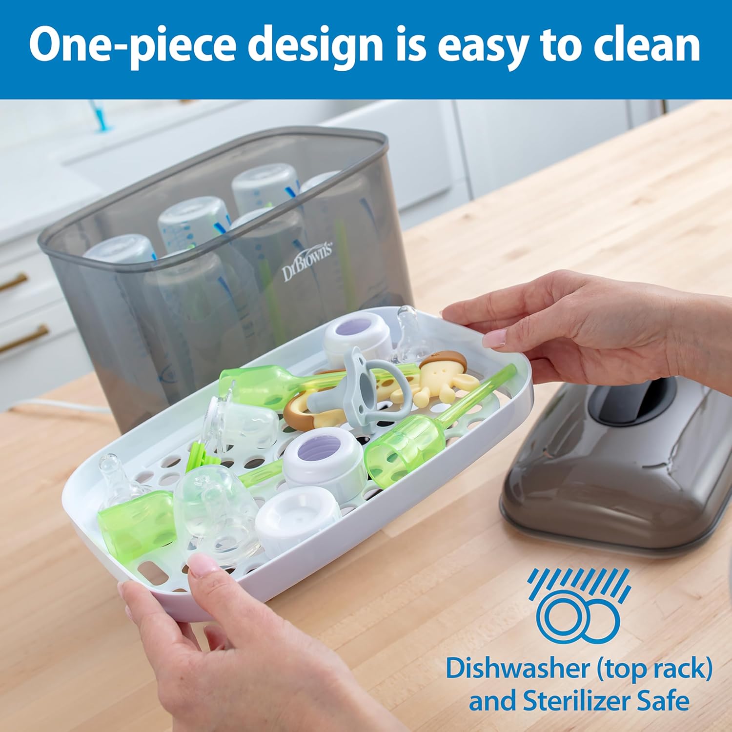 Highlights the product's one-piece design that makes it easy to clean, emphasizing convenience for parents. Informs customers that the product is safe to clean in dishwashers and sterilizers,…