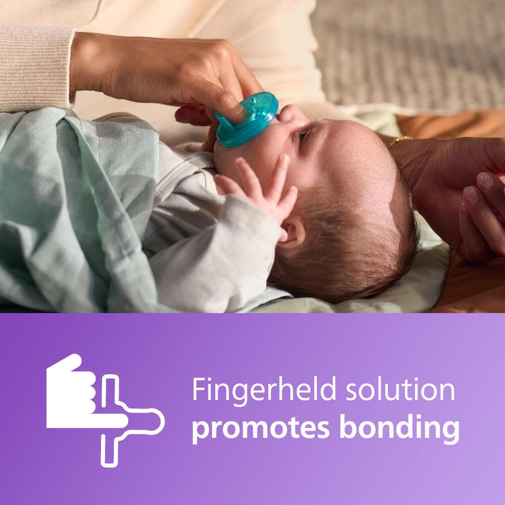 Highlights how the pacifier's fingerheld design promotes bonding between parent and baby during use.