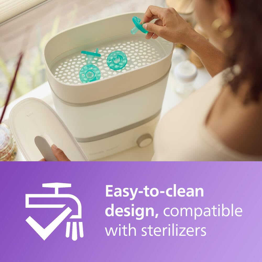 Highlights that the product is easy to clean and compatible with sterilizers, reassuring parents about hygiene and safety for their baby.