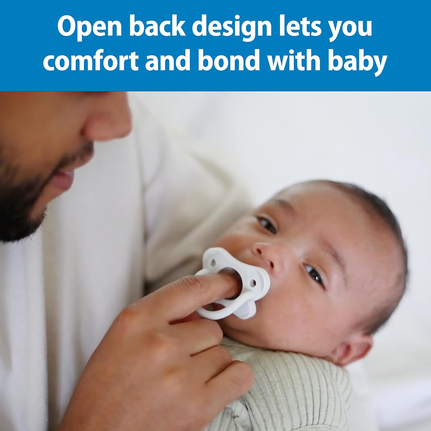 Highlights the open back design feature that allows for comfort and bonding with the baby.