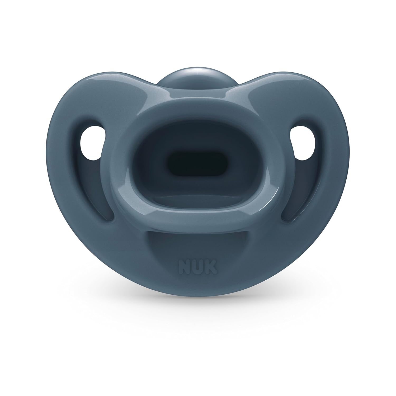 Highlights the pacifier's ergonomic shape designed for comfort and proper oral development.