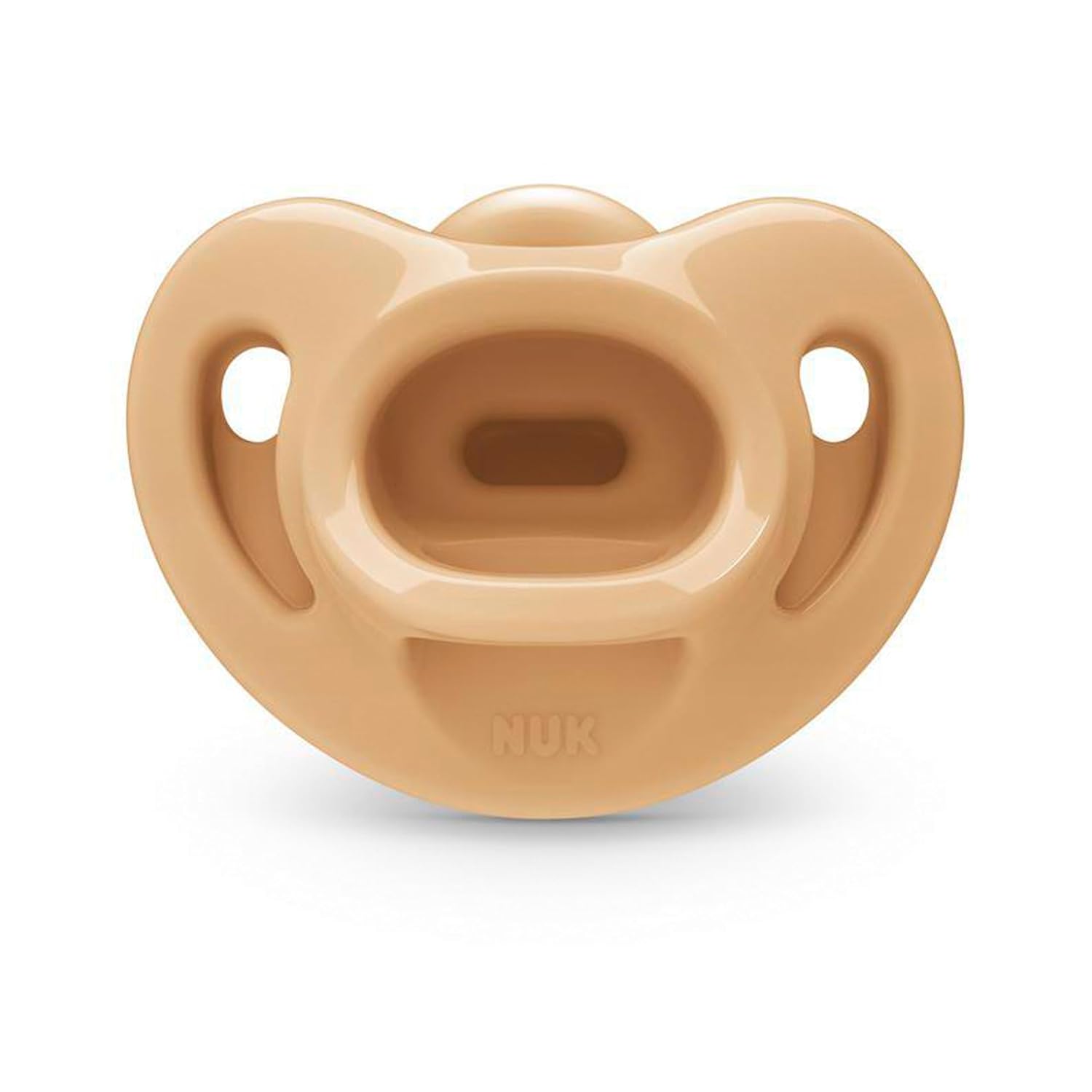 Highlights the pacifier's ergonomic shape designed to fit comfortably in a baby's mouth.