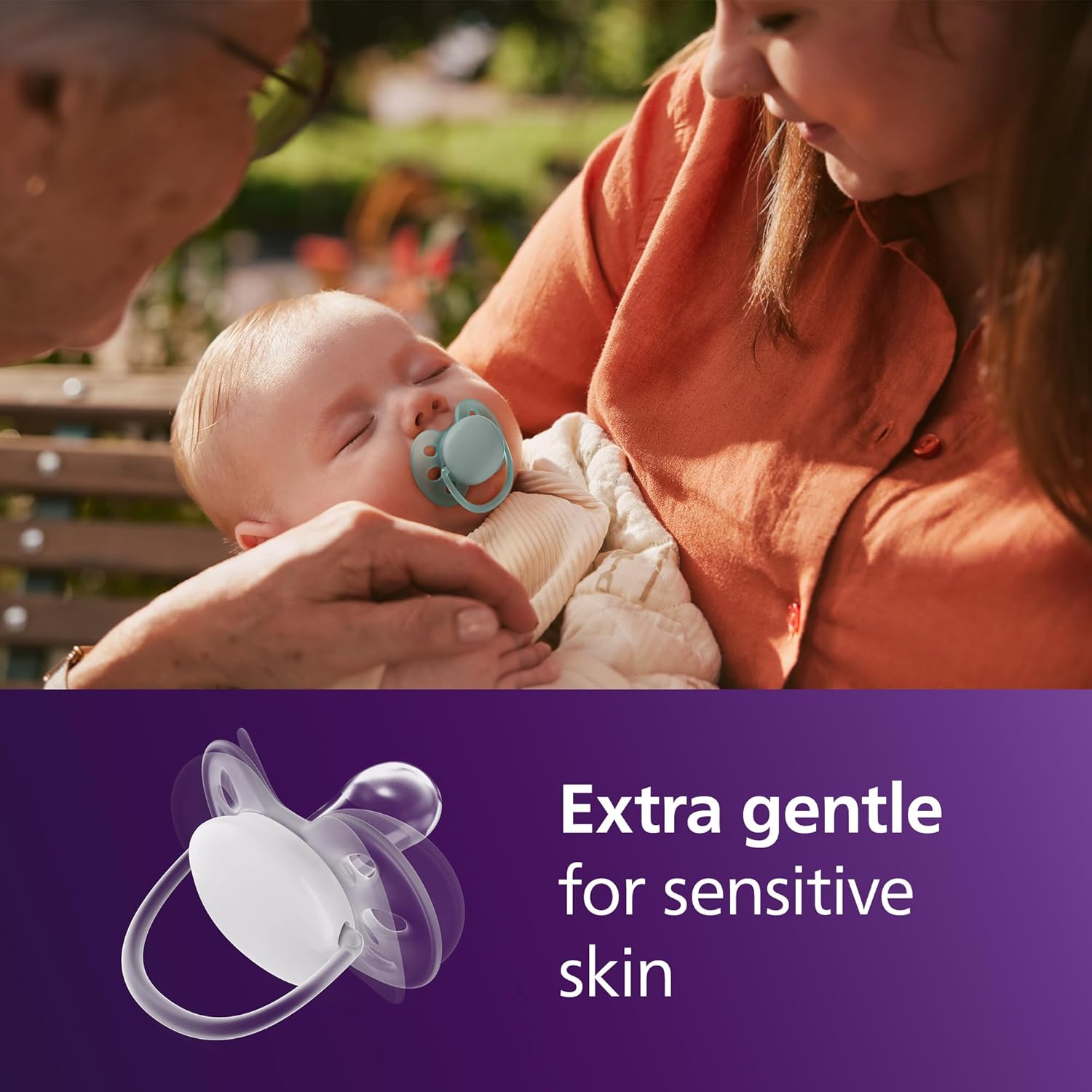 Highlights that the pacifier is extra gentle and suitable for babies with sensitive skin, providing reassurance to parents.