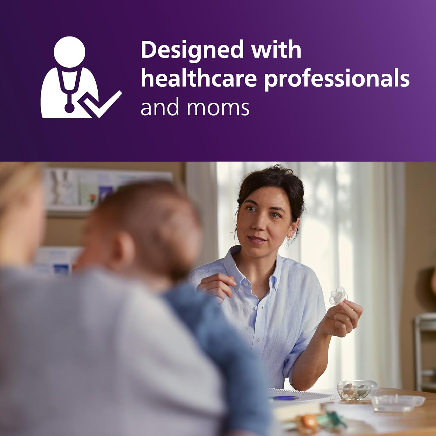 Emphasizes that the product was designed with input from both healthcare professionals and mothers, conveying expertise and real-world usability.