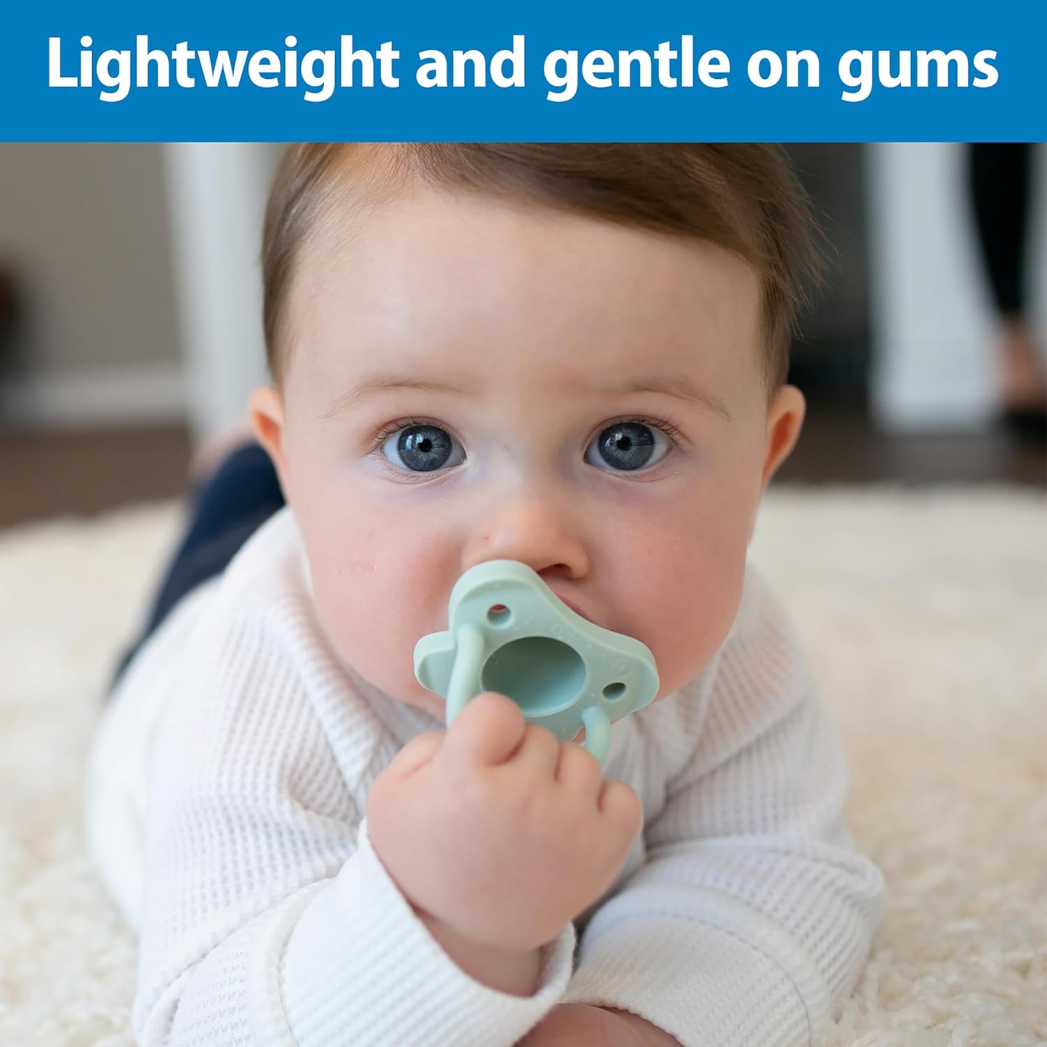Highlights the pacifier's lightweight and gentle design to reassure parents it's safe and comfortable for their baby's gums.