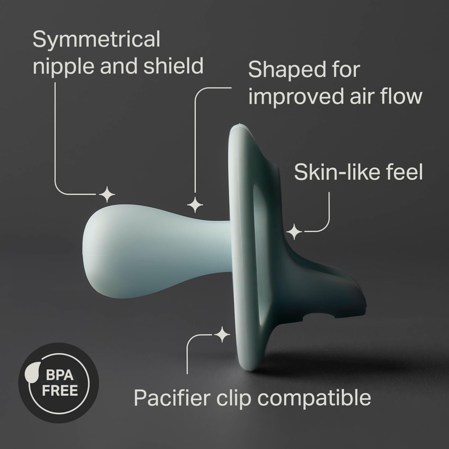 Highlights key design elements of the pacifier to demonstrate its comfort and functionality for babies.