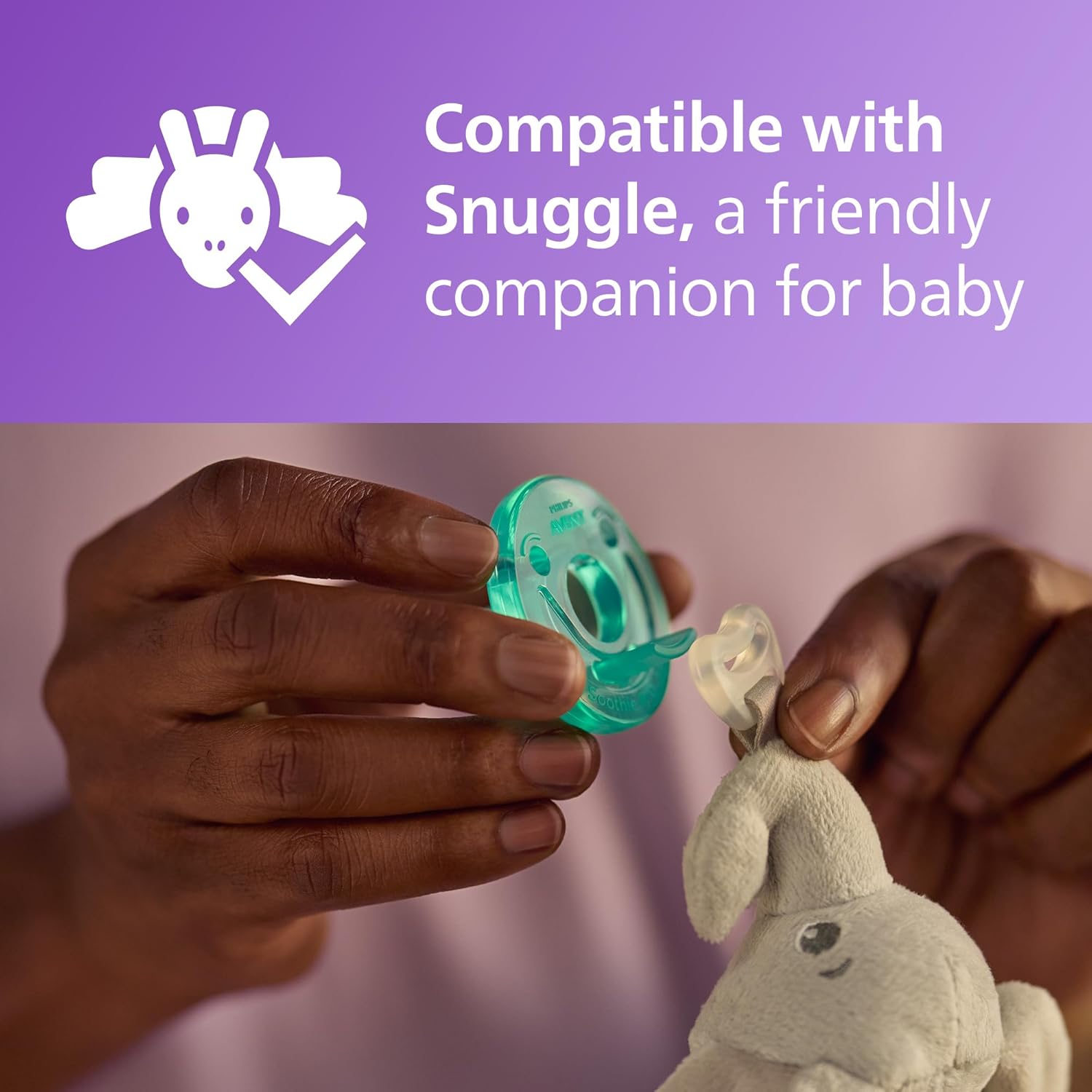 Informs parents that the product is compatible with the Snuggle toy, reassuring them of its safety and suitability for their baby.