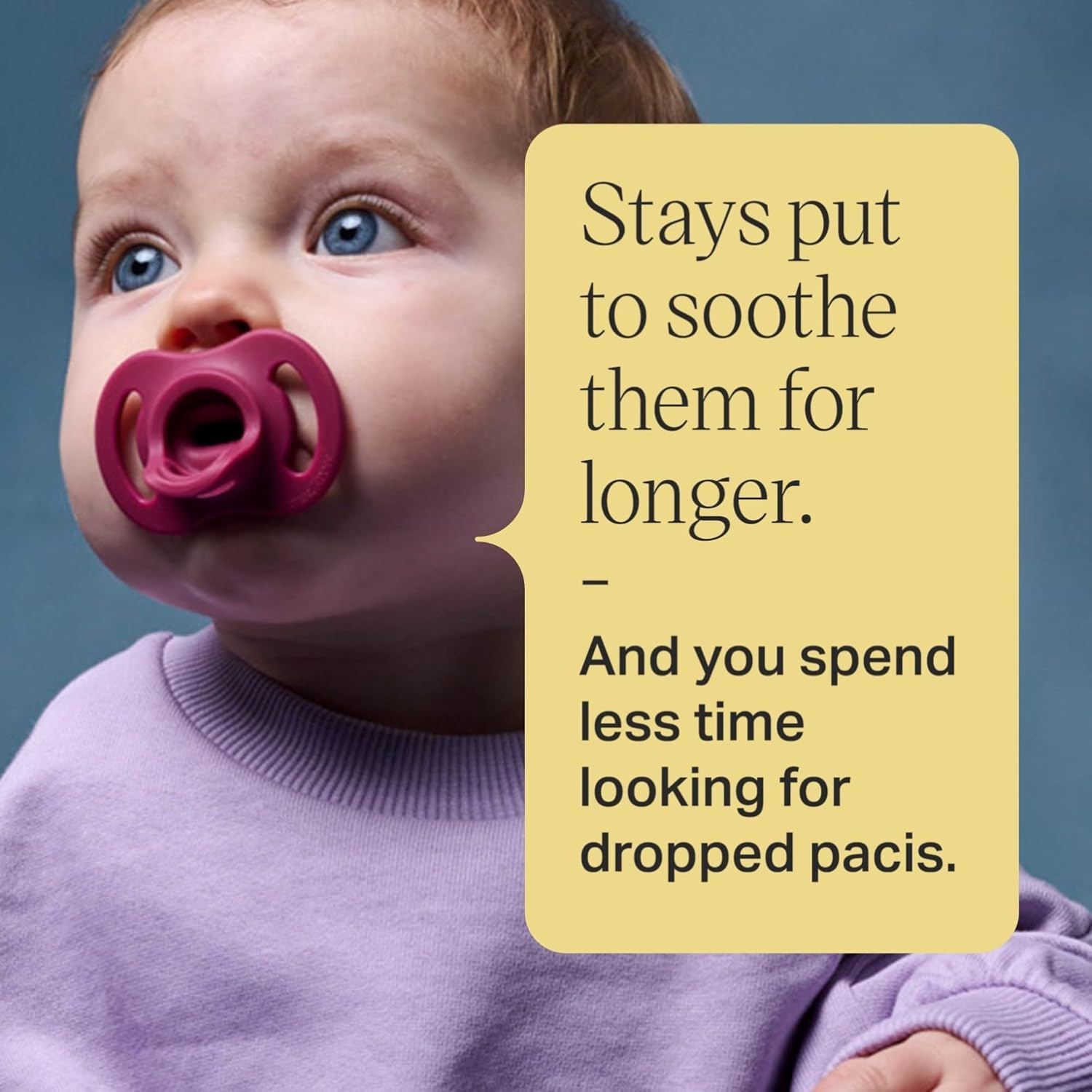 Highlights that the pacifier stays in the baby's mouth longer, reducing the need for parents to constantly replace it.