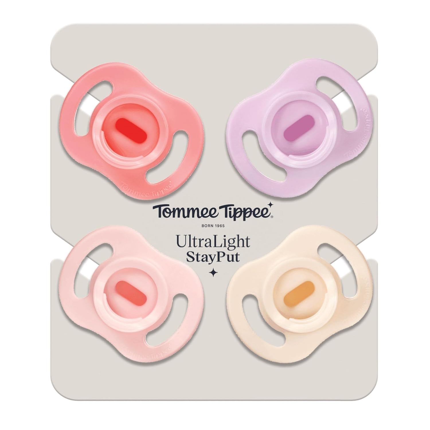 Shows the variety of pacifier colors included in the package, allowing parents to see the range of options available.