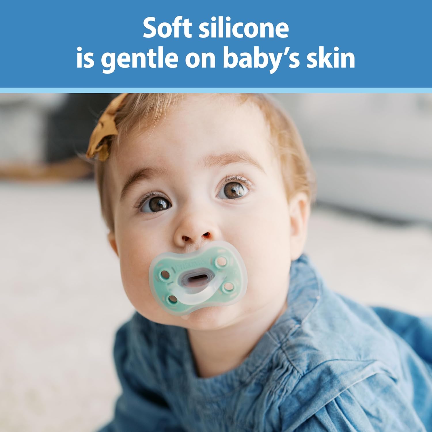 Highlights that the product is made of soft silicone, which is gentle and safe for a baby's sensitive skin.