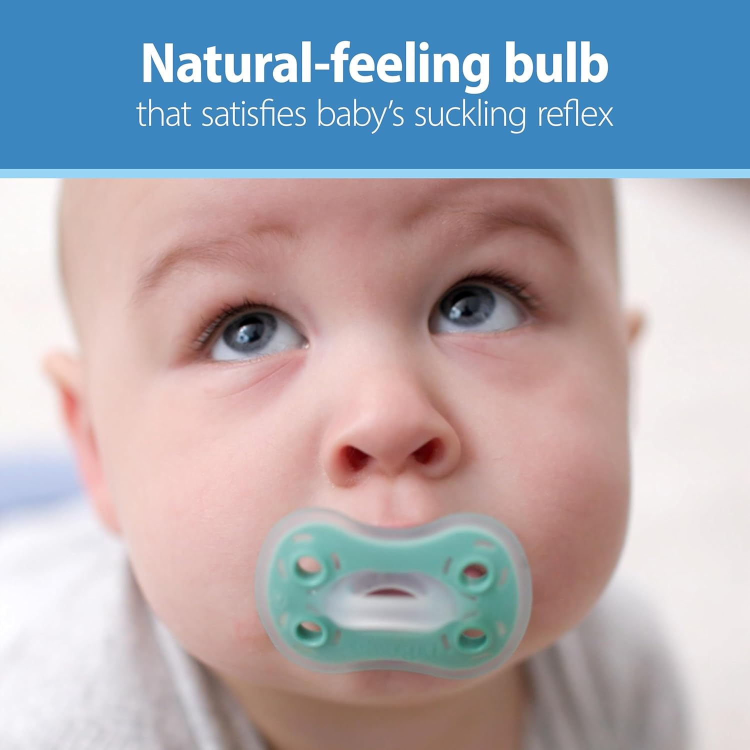Highlights the pacifier's natural-feeling bulb that satisfies a baby's suckling reflex, reassuring parents about its comfort and effectiveness.