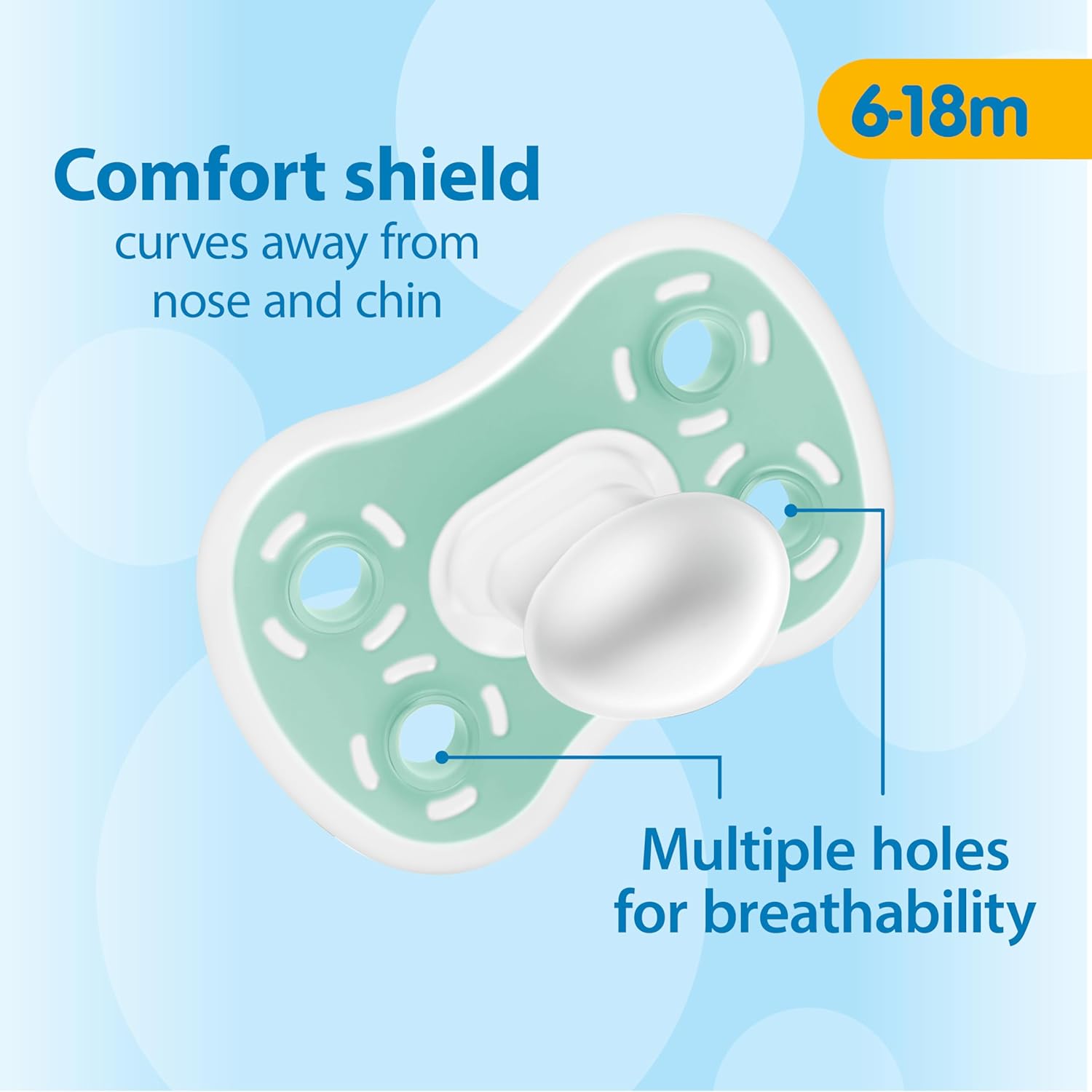 Highlights the pacifier's comfort shield feature that curves away from the baby's nose and chin, providing a better fit and comfort.