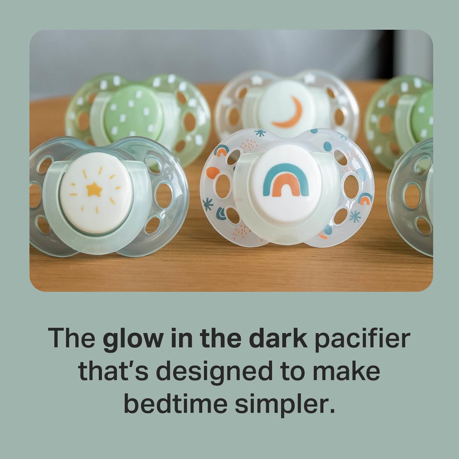 Highlights the pacifier's glow-in-the-dark feature to make bedtime easier for parents and children.