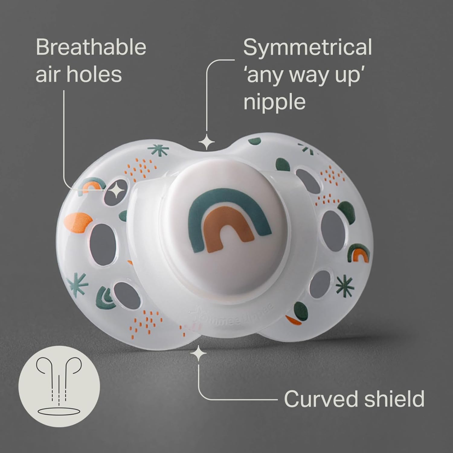 Highlights key features of the pacifier design to show its comfort and functionality for babies.