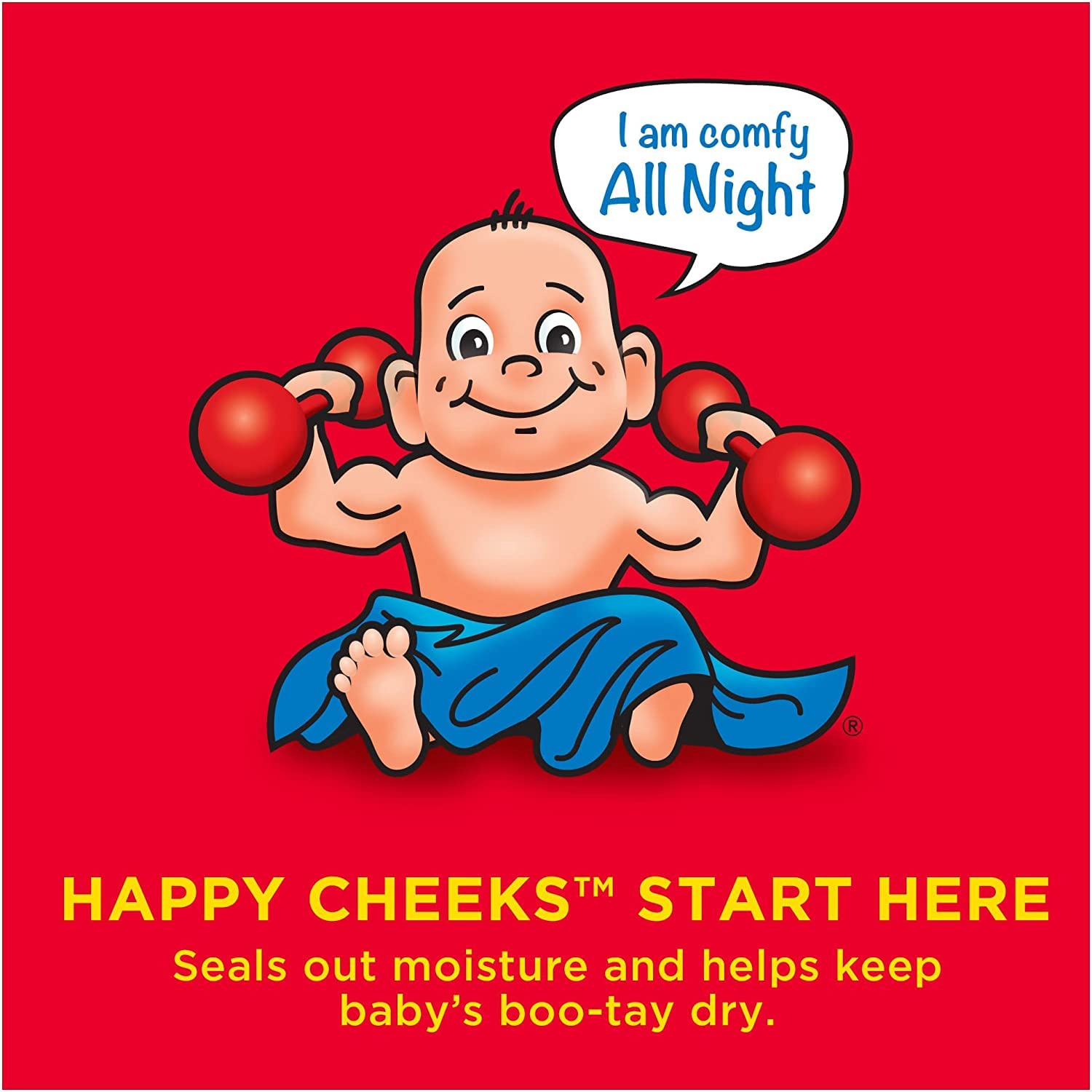 Highlights the diaper's ability to keep the baby dry and comfortable throughout the night, emphasizing the product's effectiveness.
