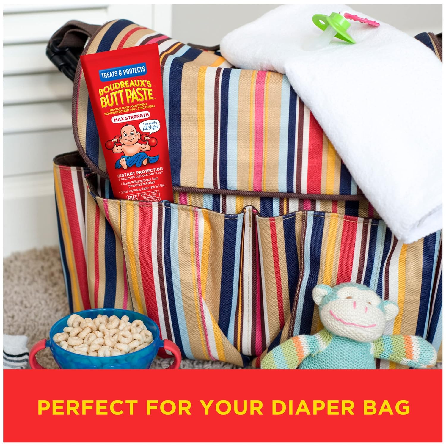Shows how the product fits perfectly into a diaper bag, demonstrating its convenience for on-the-go parents.