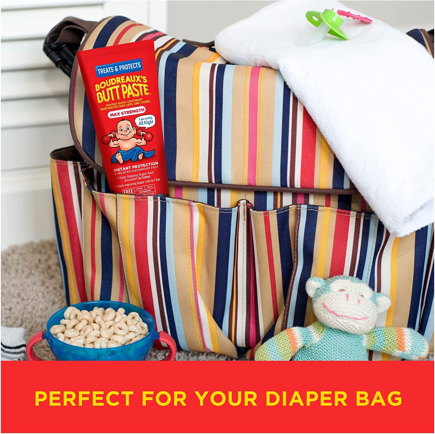 Shows how the product fits perfectly into a diaper bag, emphasizing its convenience for on-the-go parents.