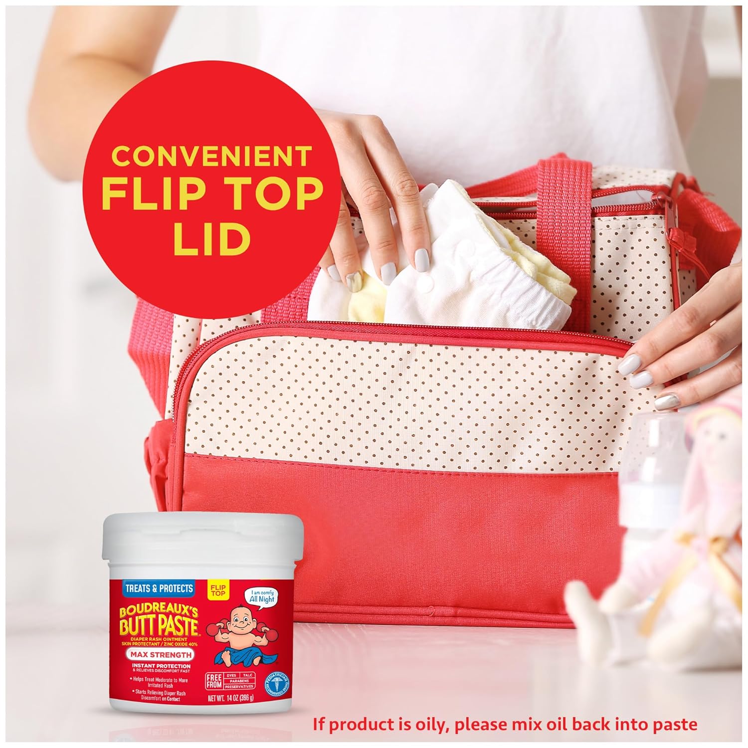 Highlights the easy-to-use flip top lid feature of the product, emphasizing convenience for parents changing diapers.