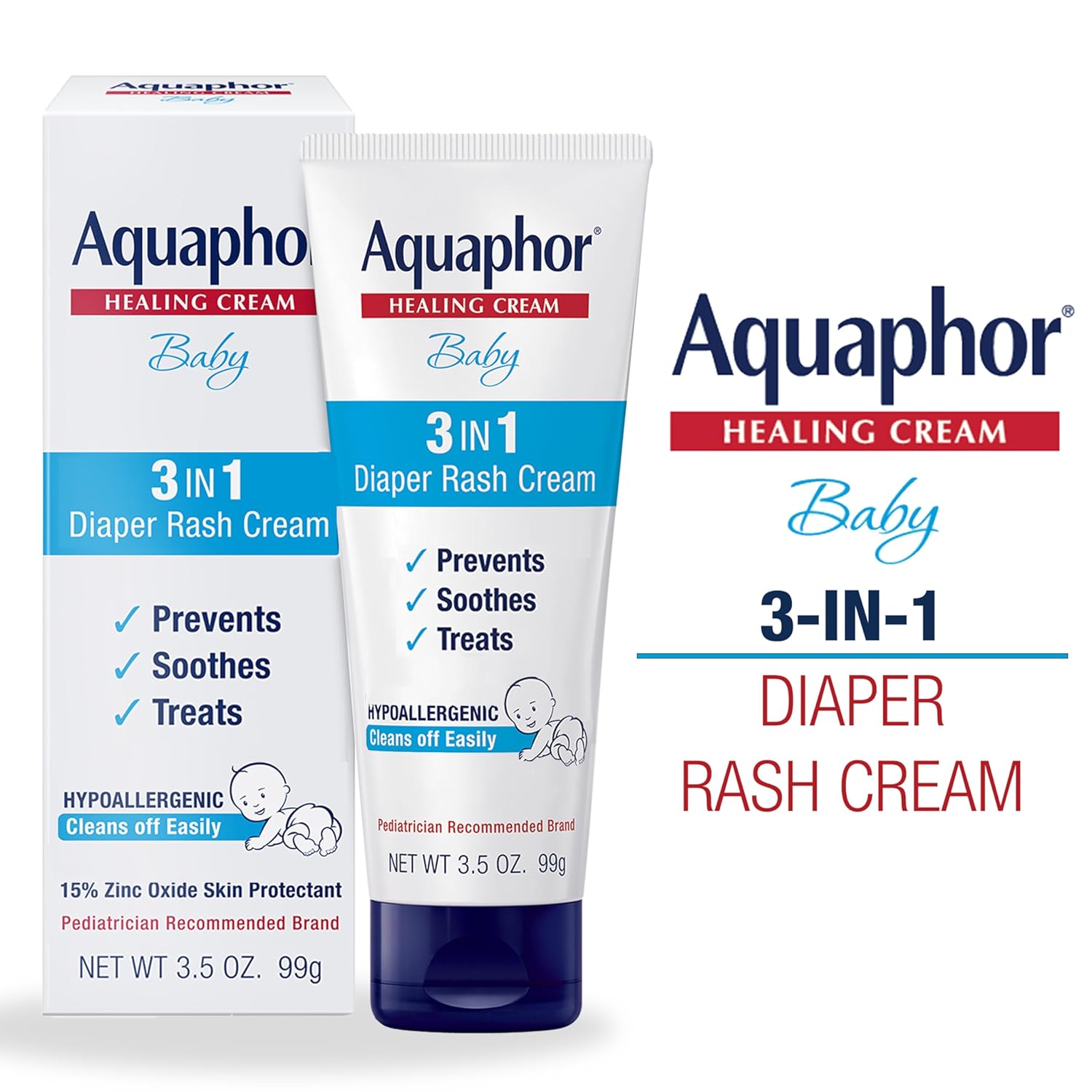 Highlights the 3-in-1 functionality of the diaper rash cream, emphasizing its ability to prevent, soothe, and treat diaper rash for babies.