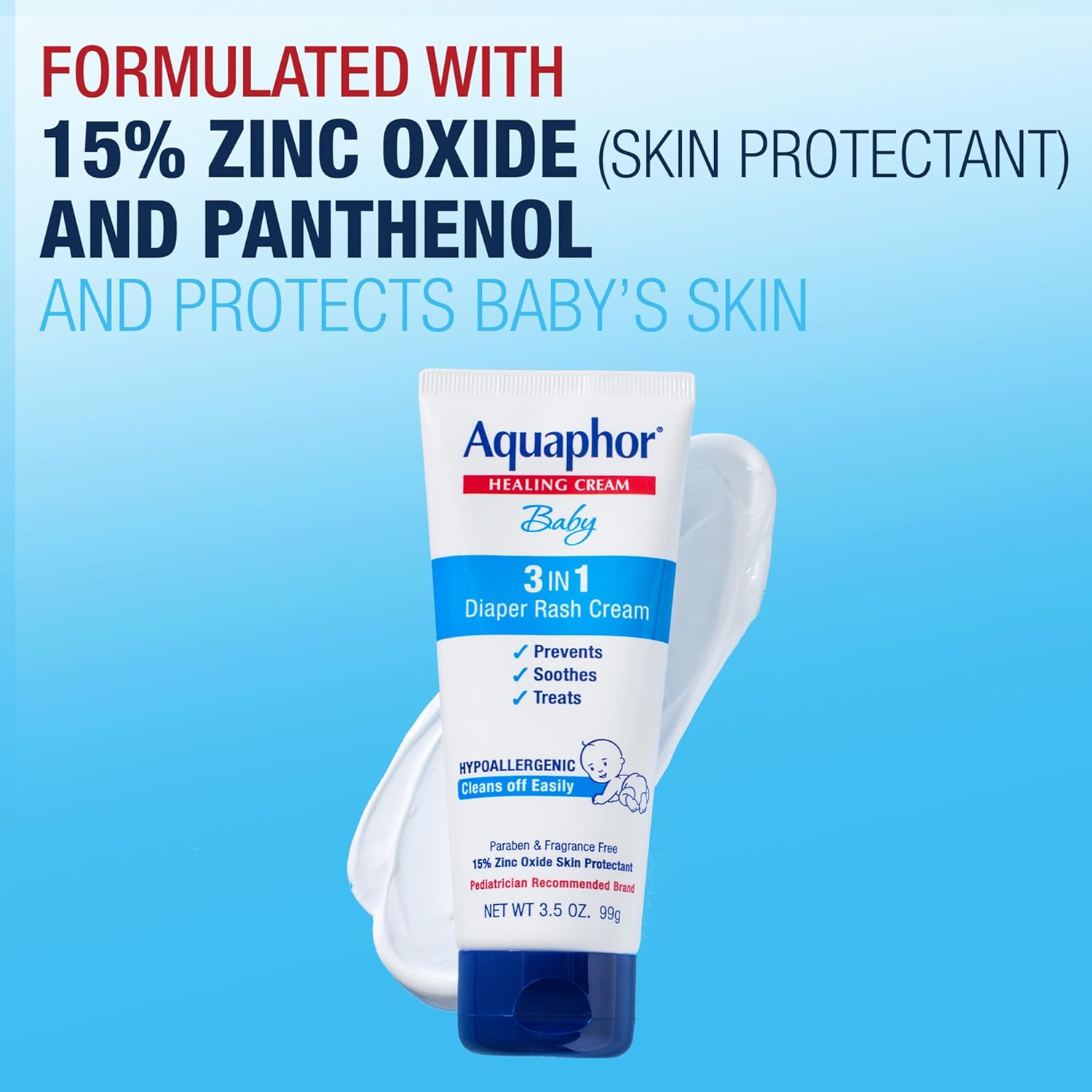 Highlights the key ingredients (zinc oxide and panthenol) that protect baby's skin, emphasizing the product's effectiveness for diaper rash prevention and treatment.