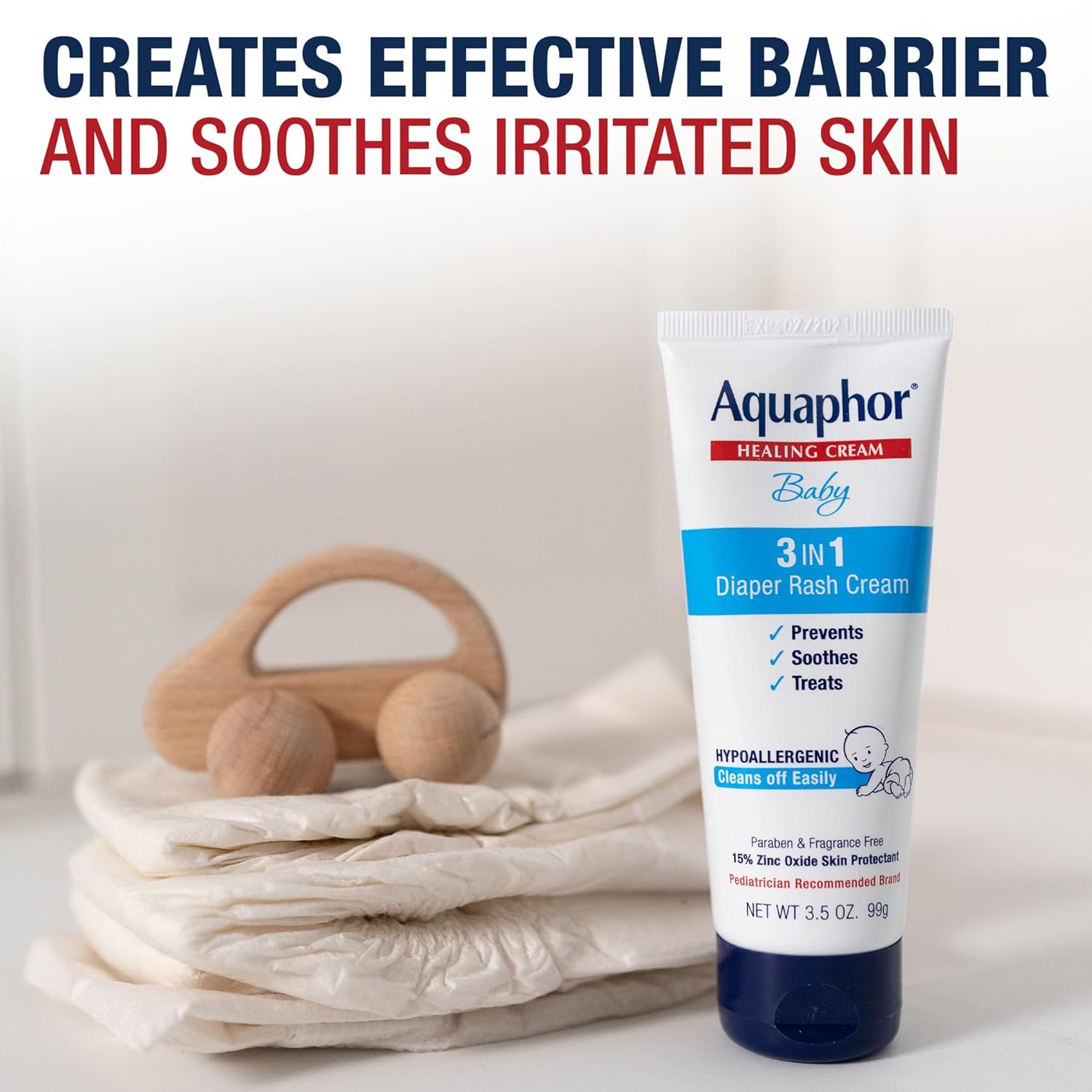 Highlights the product's ability to create an effective barrier and soothe irritated skin, emphasizing its protective and healing properties for babies.