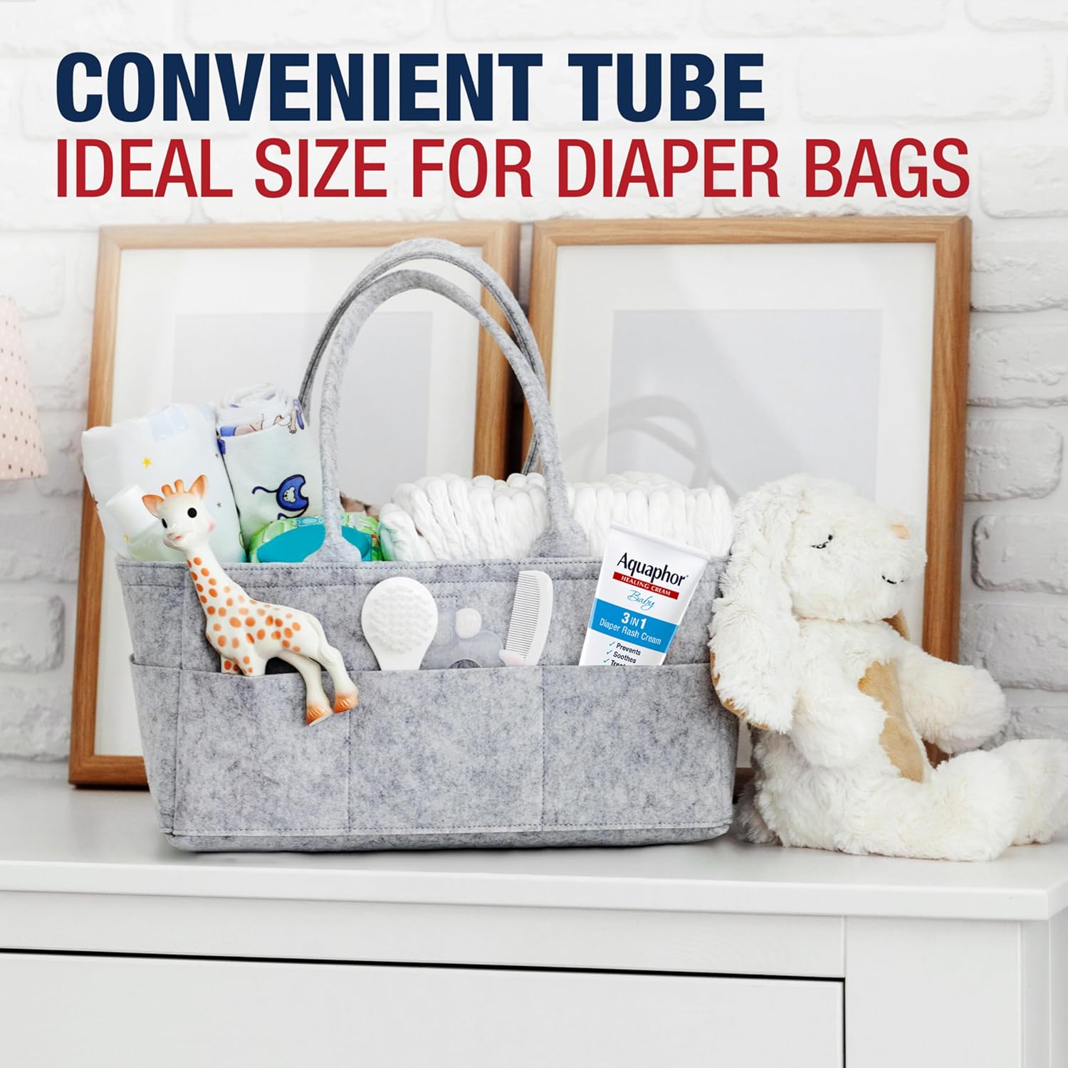 Highlights that the product's tube size is ideal for diaper bags, emphasizing convenience for parents on-the-go.