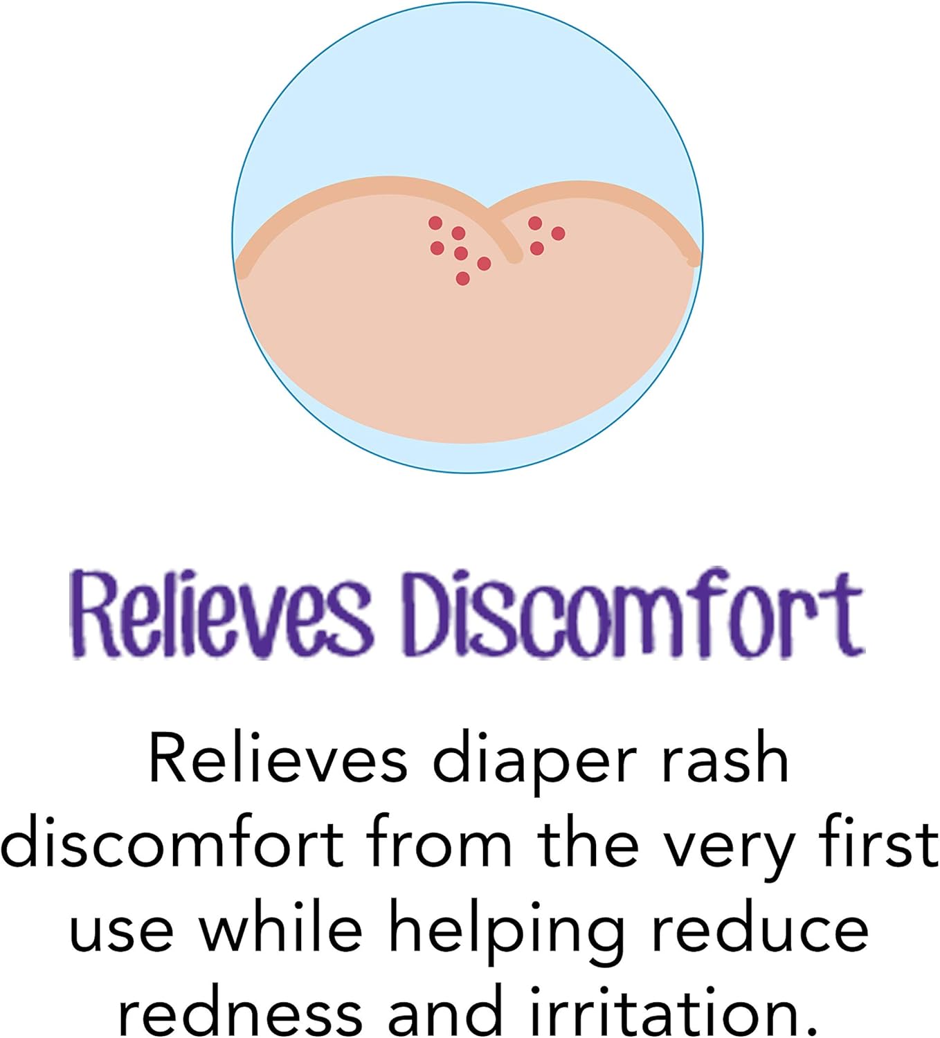 Highlights the product's ability to relieve diaper rash discomfort and reduce redness and irritation.