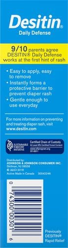 Highlights multiple key benefits of the Desitin Daily Defense product to convince parents of its effectiveness and ease of use for diaper rash prevention.
