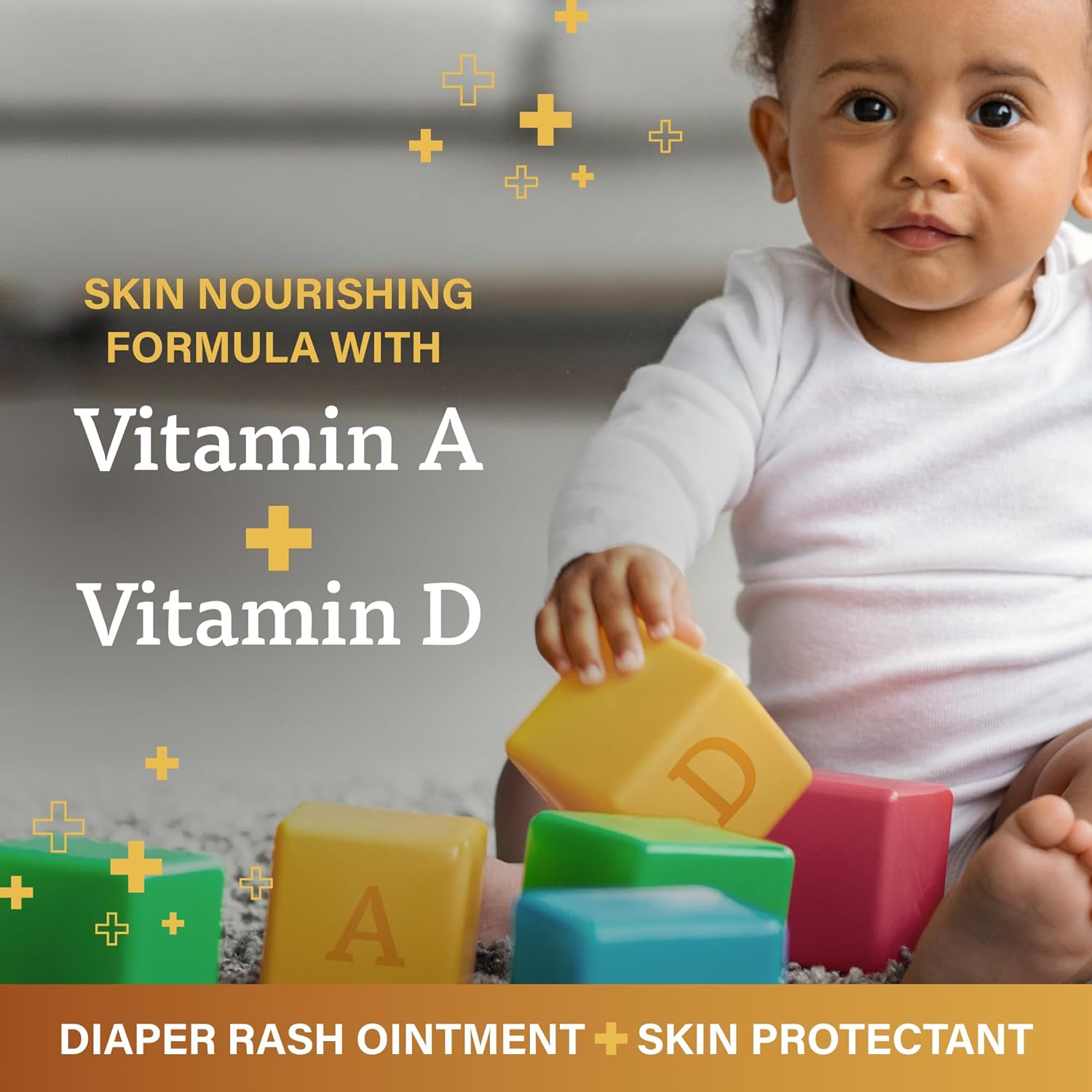Highlights the skin nourishing benefits of the product's Vitamin A and D formula for babies.