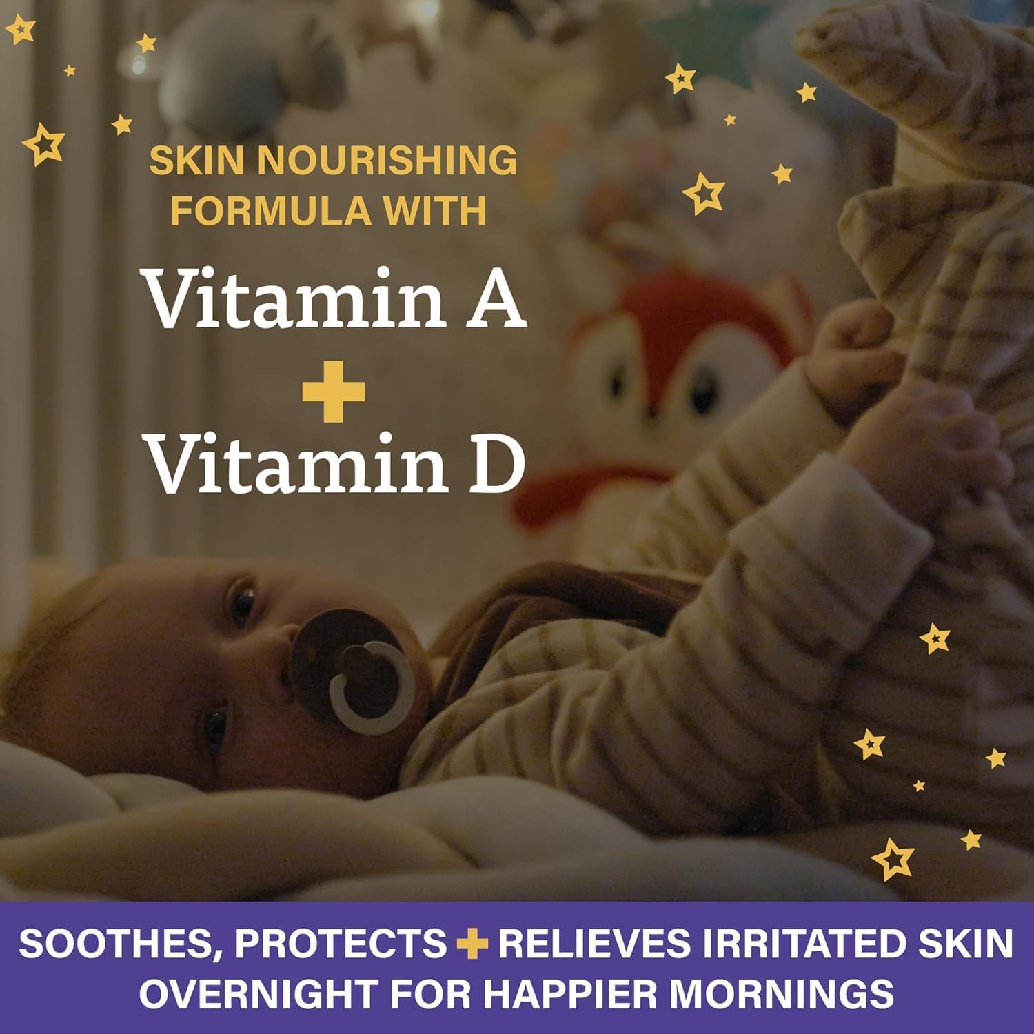 Highlights the product's skin nourishing formula containing Vitamin A and D to soothe, protect, and relieve irritated skin overnight. Emphasizes the product's use for overnight skin care,…