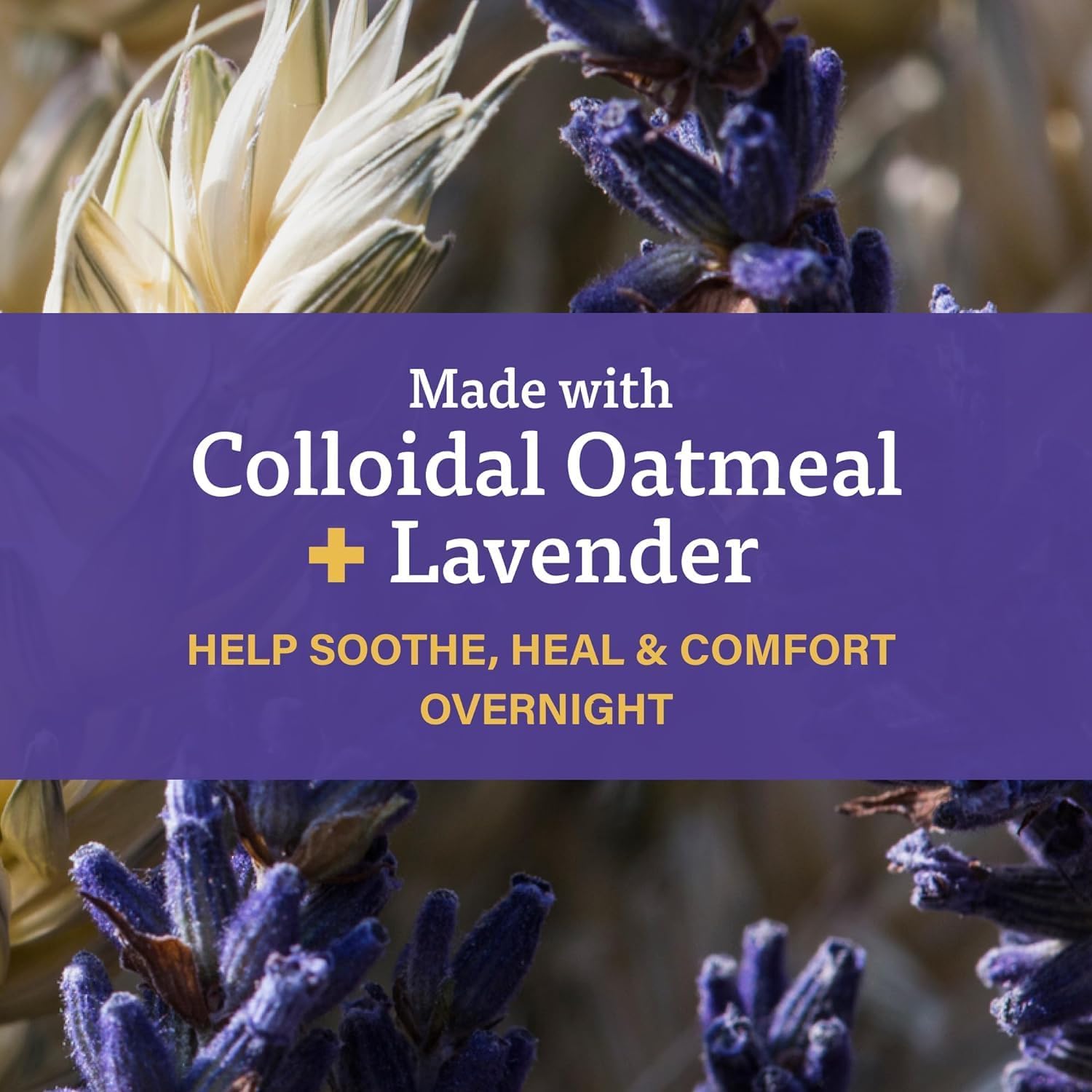 Highlights the key ingredients (colloidal oatmeal and lavender) and their soothing, healing benefits for overnight use.