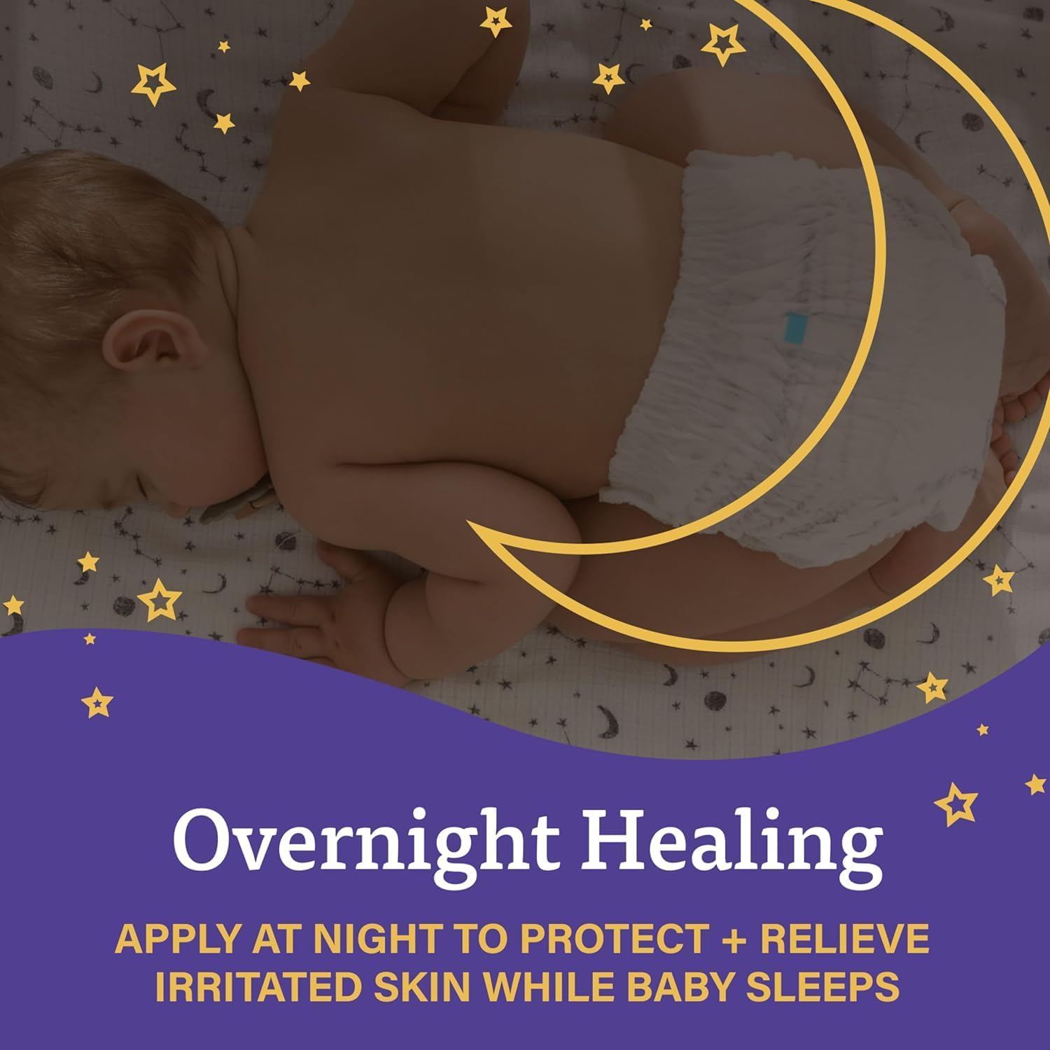 Highlights the product's ability to protect and relieve irritated skin while the baby sleeps, emphasizing its overnight effectiveness.