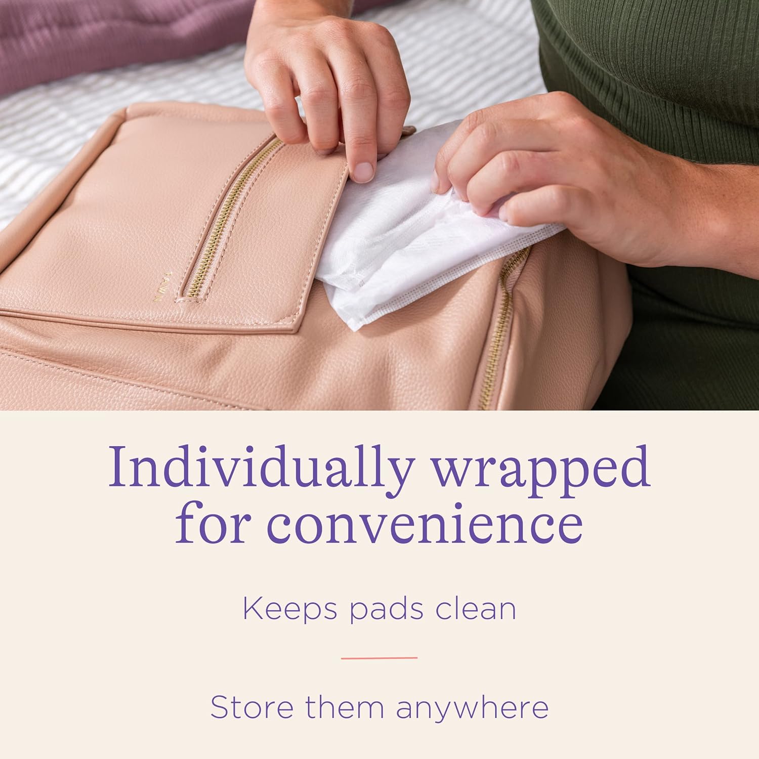 Highlights the convenience of individually wrapped pads, emphasizing cleanliness and portability.