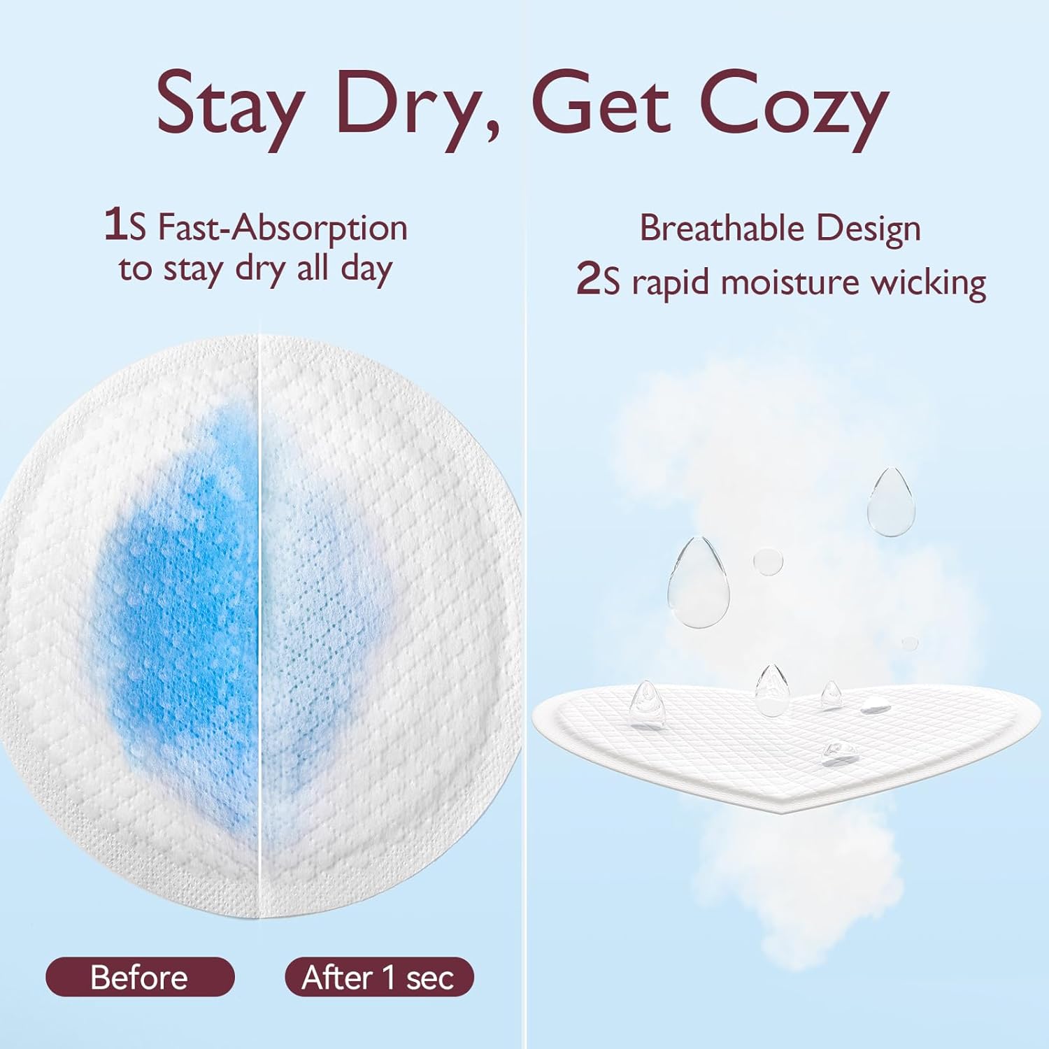 Highlights two key features of the product: fast absorption for dryness and breathable design for comfort, reassuring customers of all-day protection and comfort.