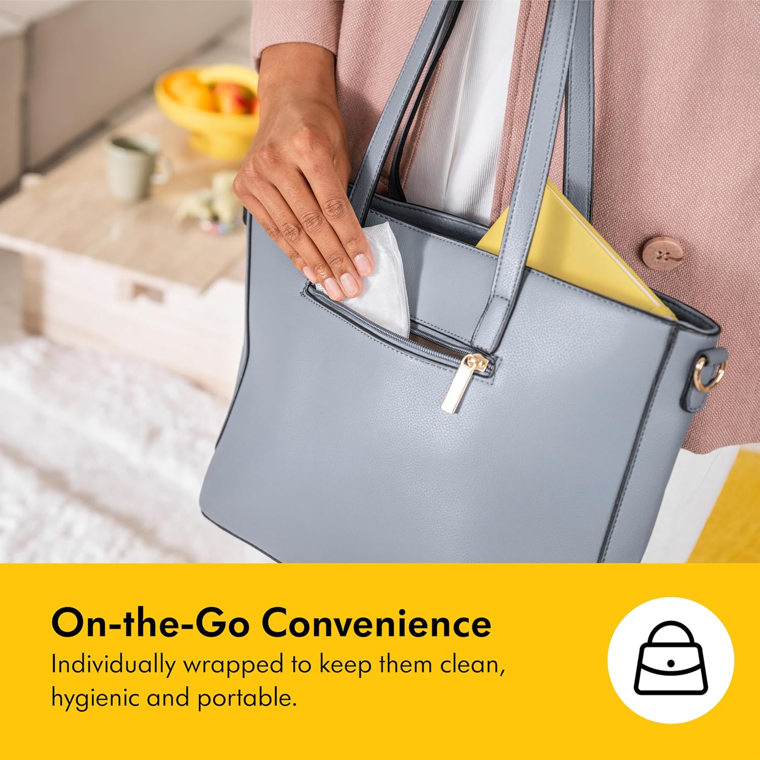 Highlights the convenience of individually wrapped products for on-the-go use, emphasizing cleanliness and portability.