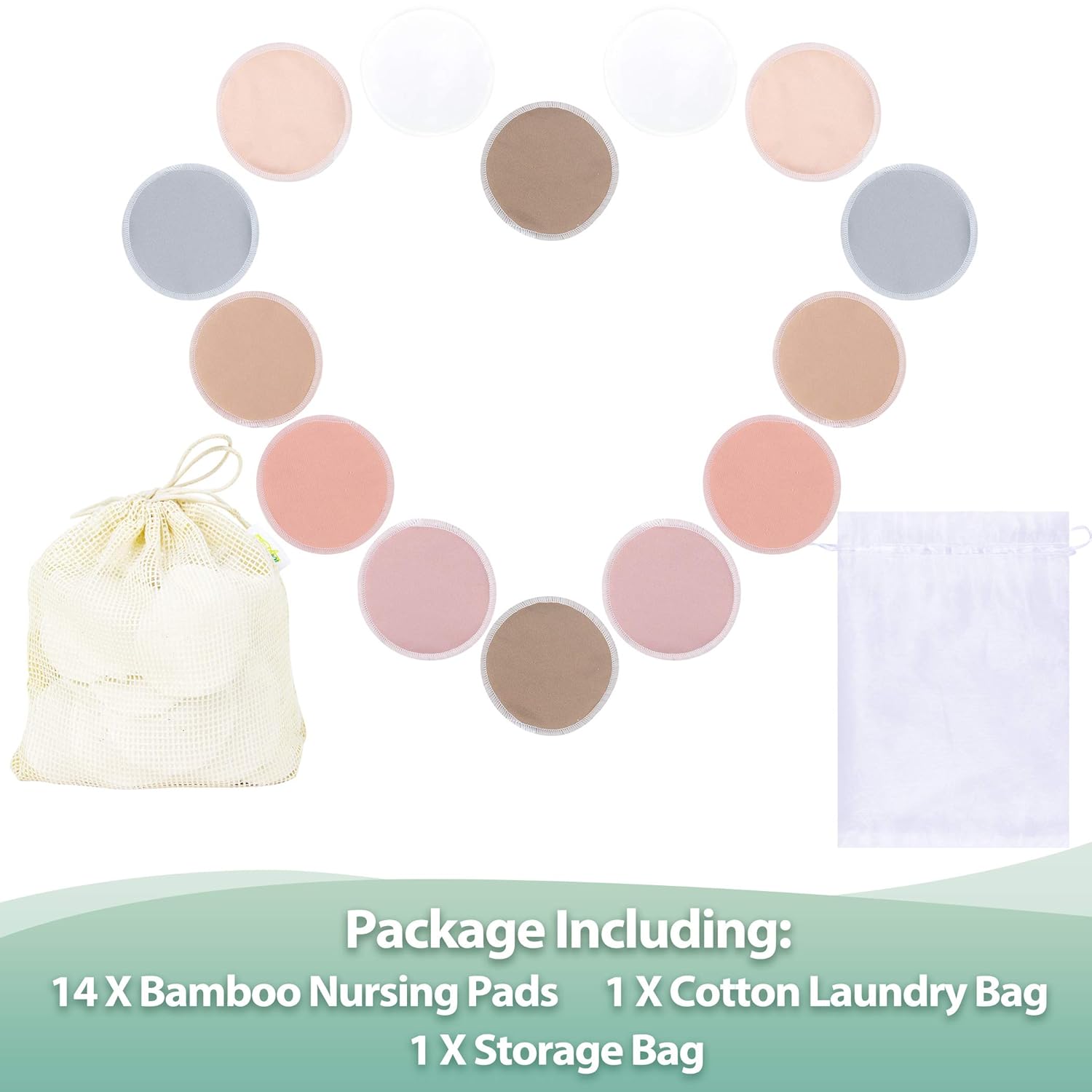Shows the complete set of items included in the package, highlighting the variety of nursing pads and additional accessories.