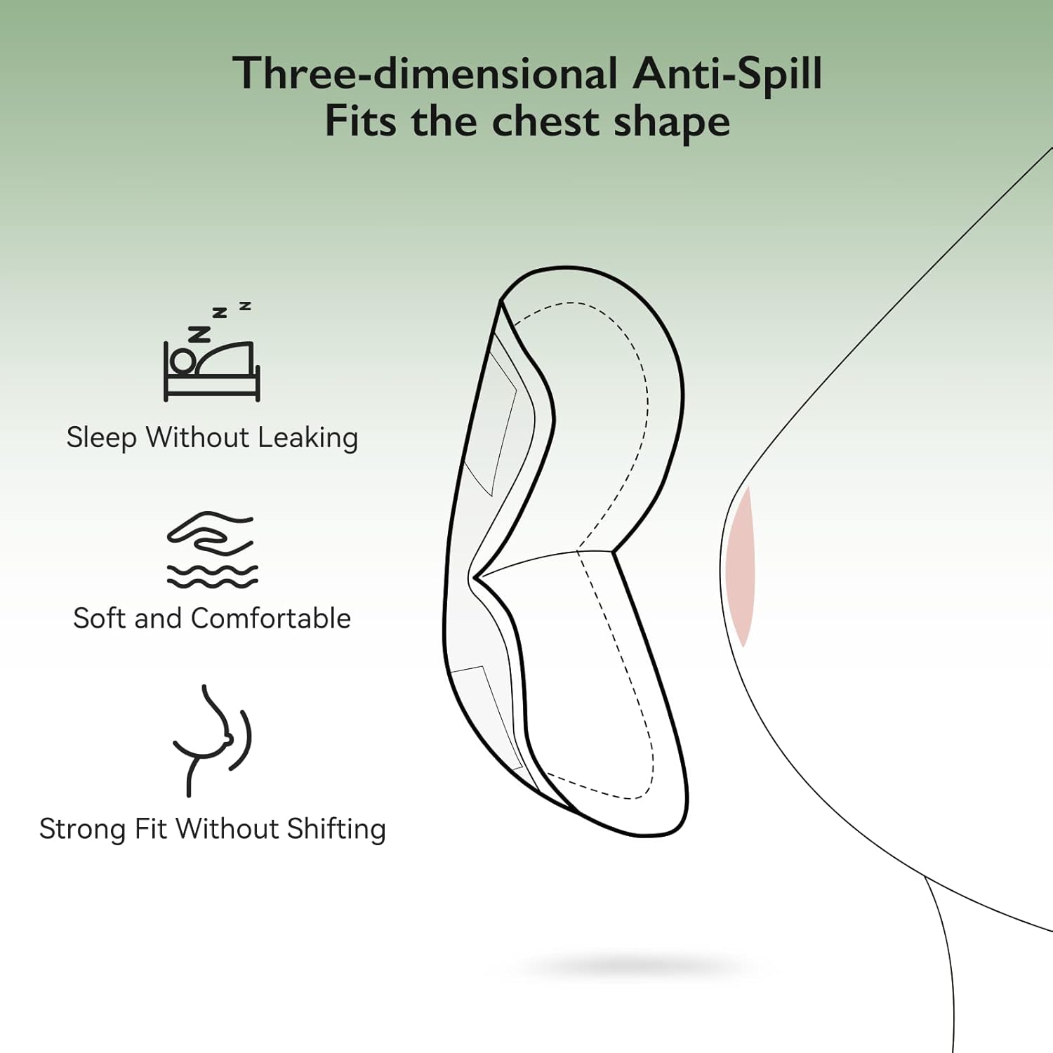 Highlights multiple benefits of the product's design, including its anti-spill feature, comfort, and secure fit to the chest shape.