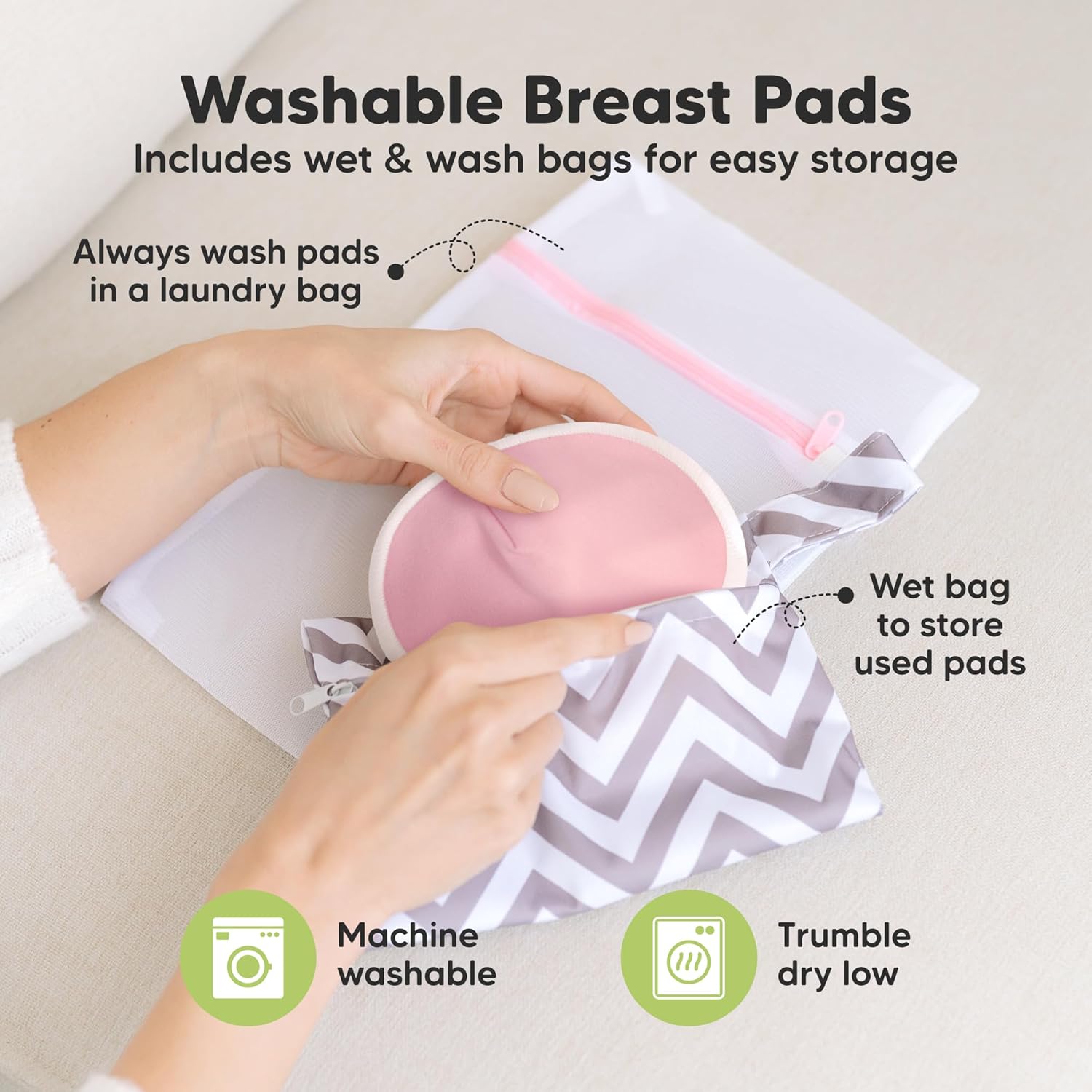 Explains how to properly wash and store the washable breast pads, providing clear instructions for care and maintenance. Highlights that the product includes additional storage bags for both wet and…