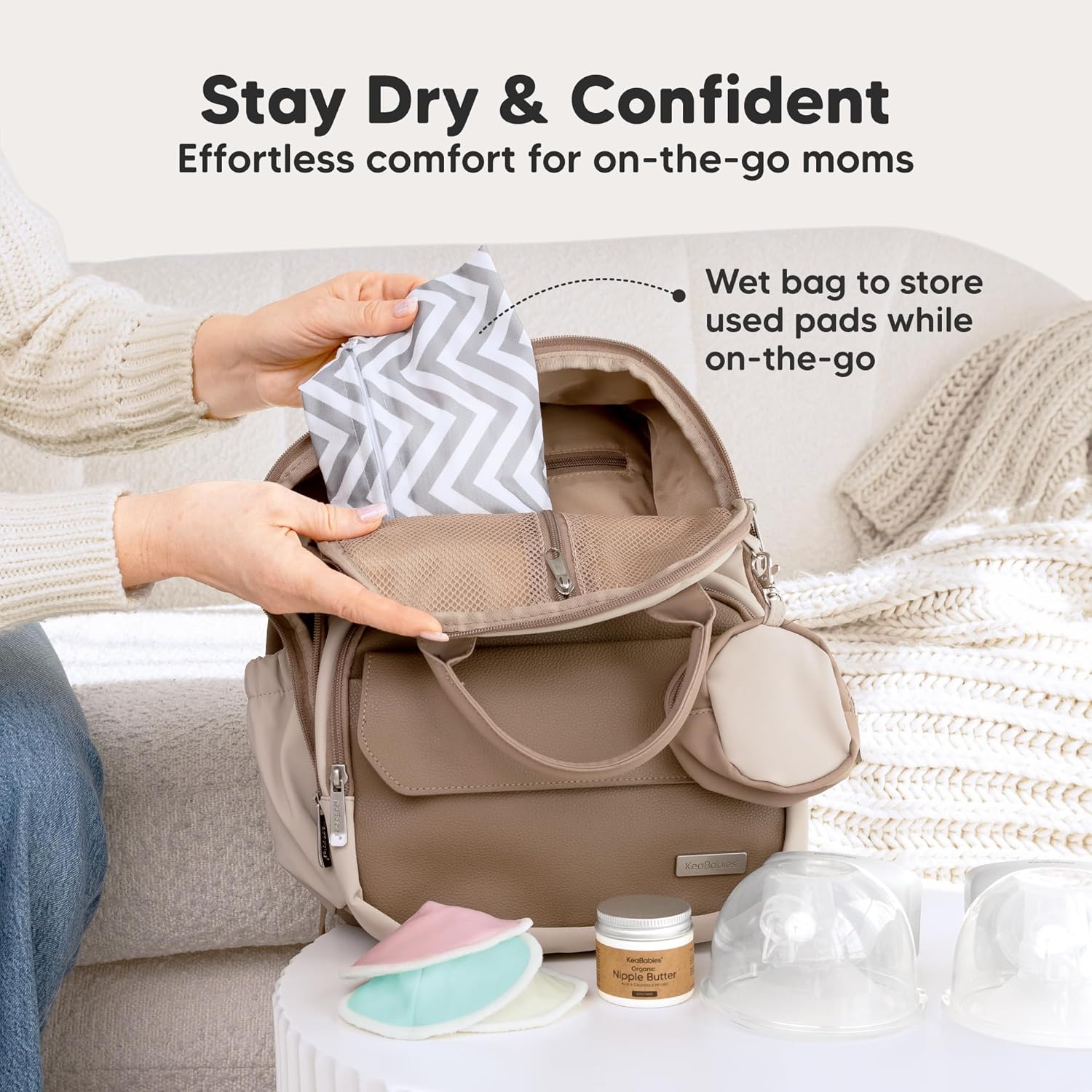 Highlights a specific feature of the diaper bag that allows moms to store used pads discreetly while on-the-go, promoting convenience and hygiene.