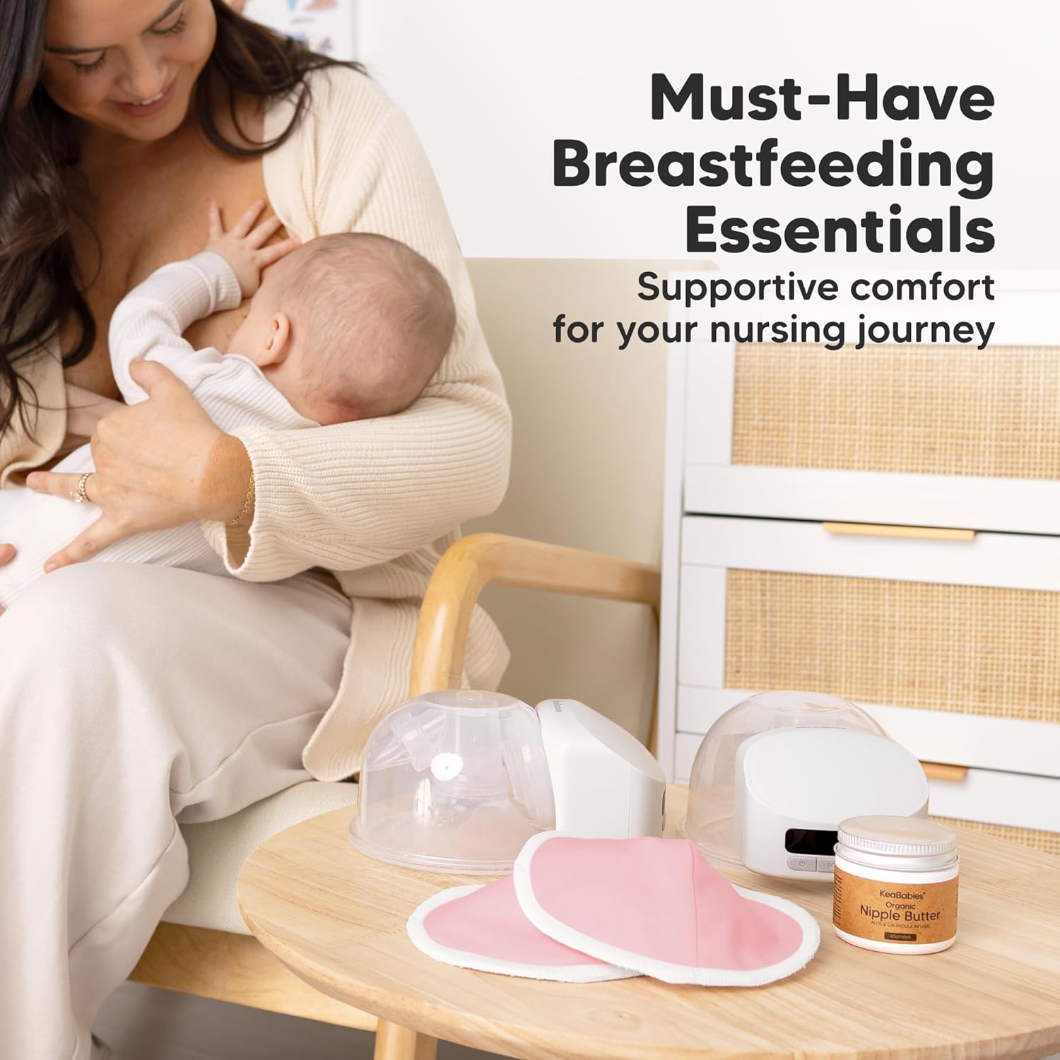 Shows the essential items included in a breastfeeding kit to help new mothers understand what they need for nursing. Depicts a real-life breastfeeding scenario to help customers envision using the…