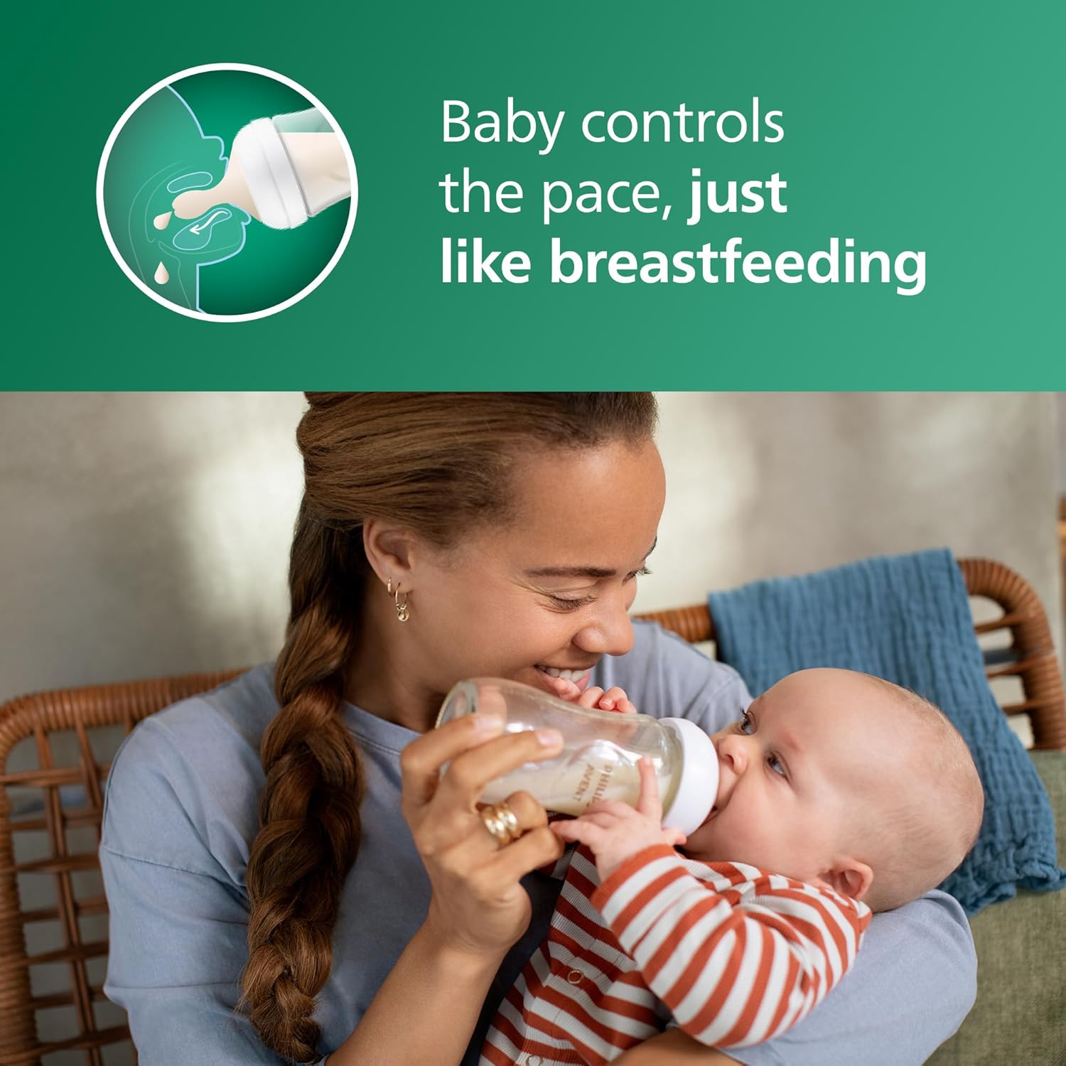 Highlights that the bottle allows the baby to control the pace of feeding, similar to breastfeeding, reassuring parents of a natural feeding experience.