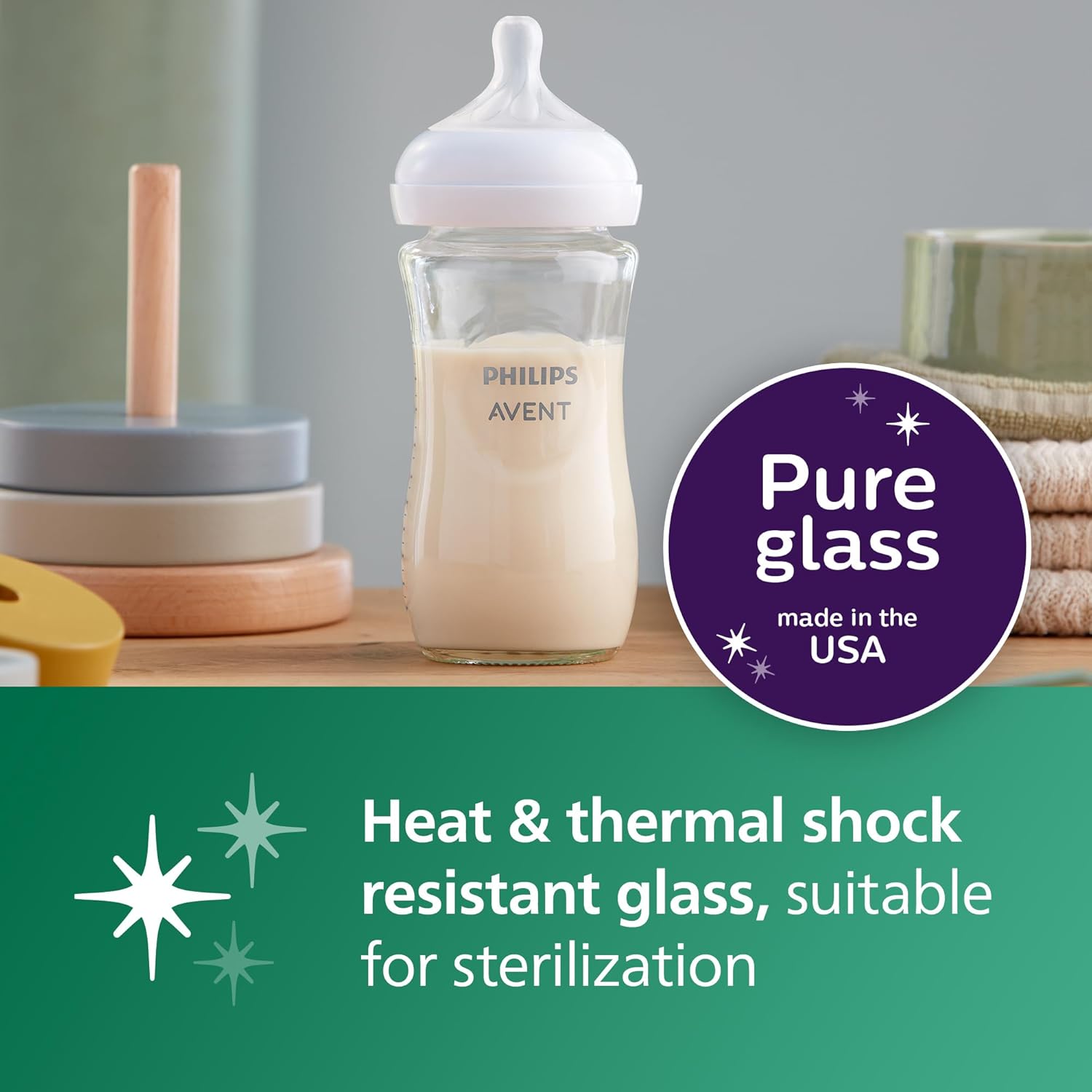 Highlights the product's heat-resistant glass material, suitable for sterilization, to reassure parents of its safety and durability. Emphasizes the product's safety and quality by showcasing its…